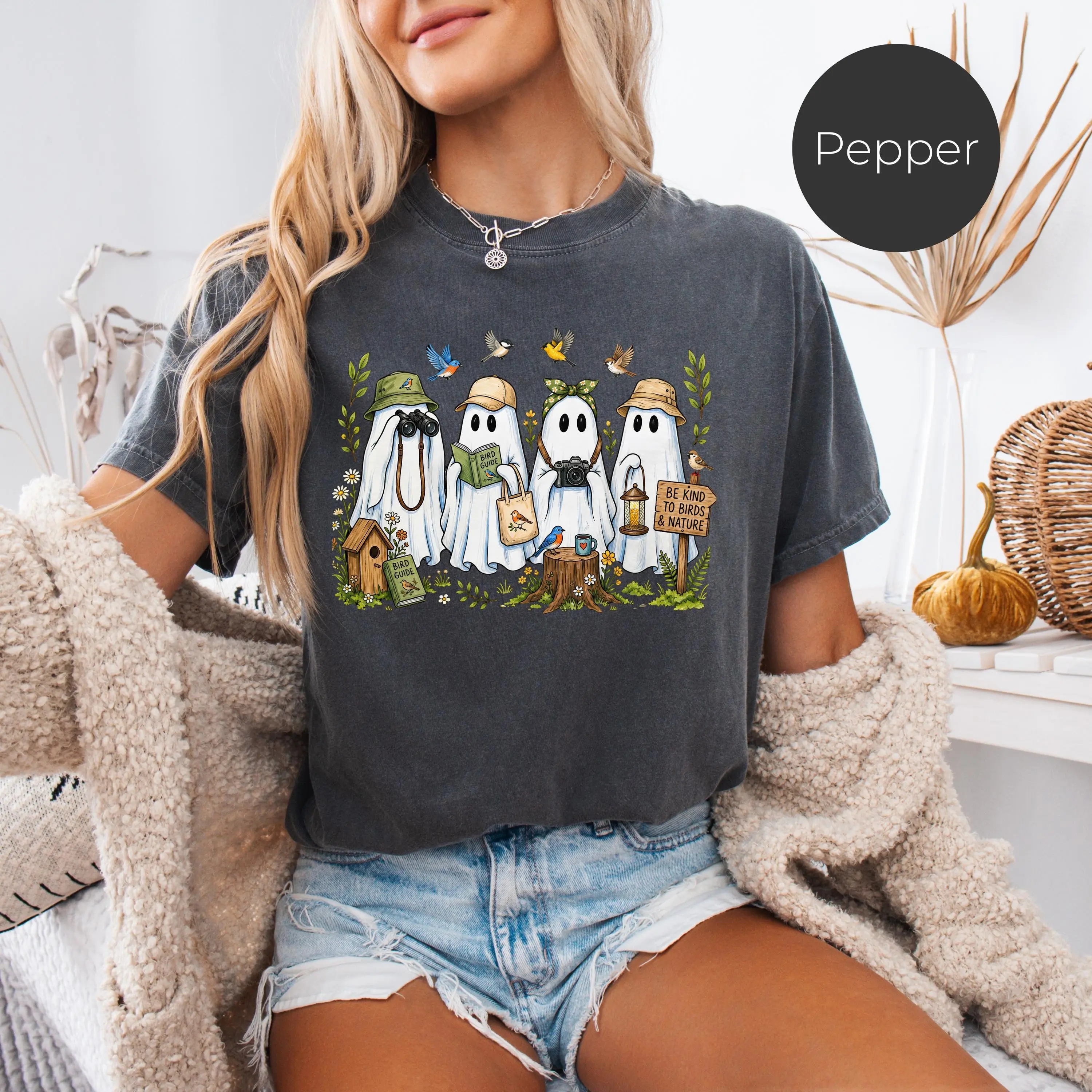 Comfort Colors Ghost Birdwatching Shirt, Halloween Birder Nature Lover Graphic Tee, Spooky October Autumn Gift - photo 3