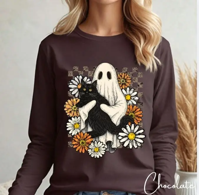 Ghost Black Cat Halloween Shirt, Floral Spooky Vibes Graphic Tee - photo 2