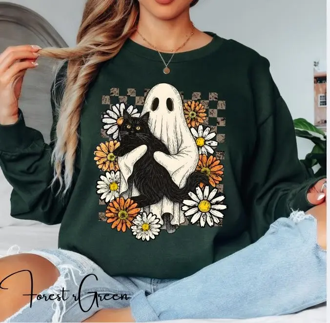 Ghost Black Cat Halloween Shirt, Floral Spooky Vibes Graphic Tee - photo 3