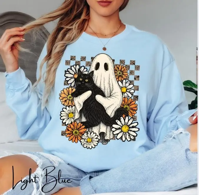 Ghost Black Cat Halloween Shirt, Floral Spooky Vibes Graphic Tee - photo 4