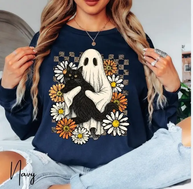 Ghost Black Cat Halloween Sweatshirt, Floral Spooky Vibes Graphic Top - photo 1
