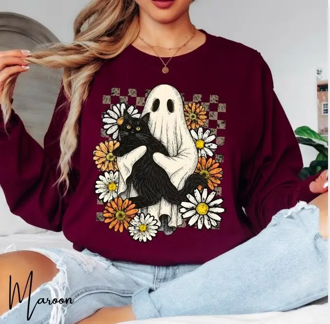 Ghost Black Cat Halloween Sweatshirt, Floral Spooky Vibes Graphic Top - photo 5