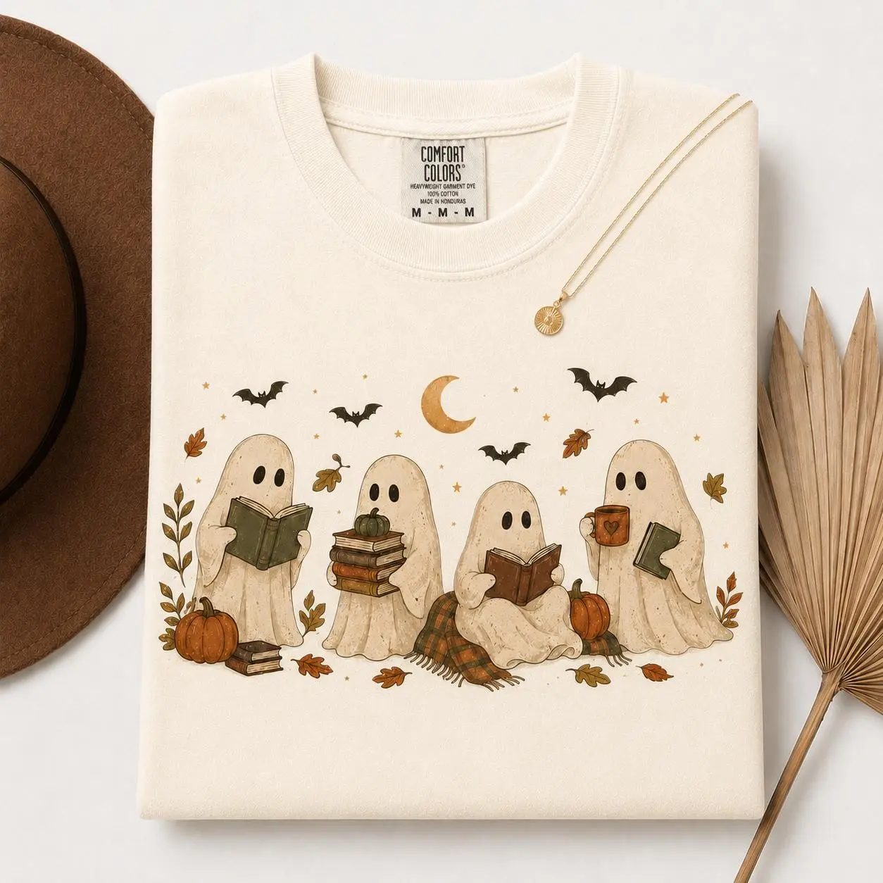 Comfort Colors Booked With My Boos Ghost Shirt, Vintage Halloween Book Lover Cozy Fall Reading Tee - photo 2