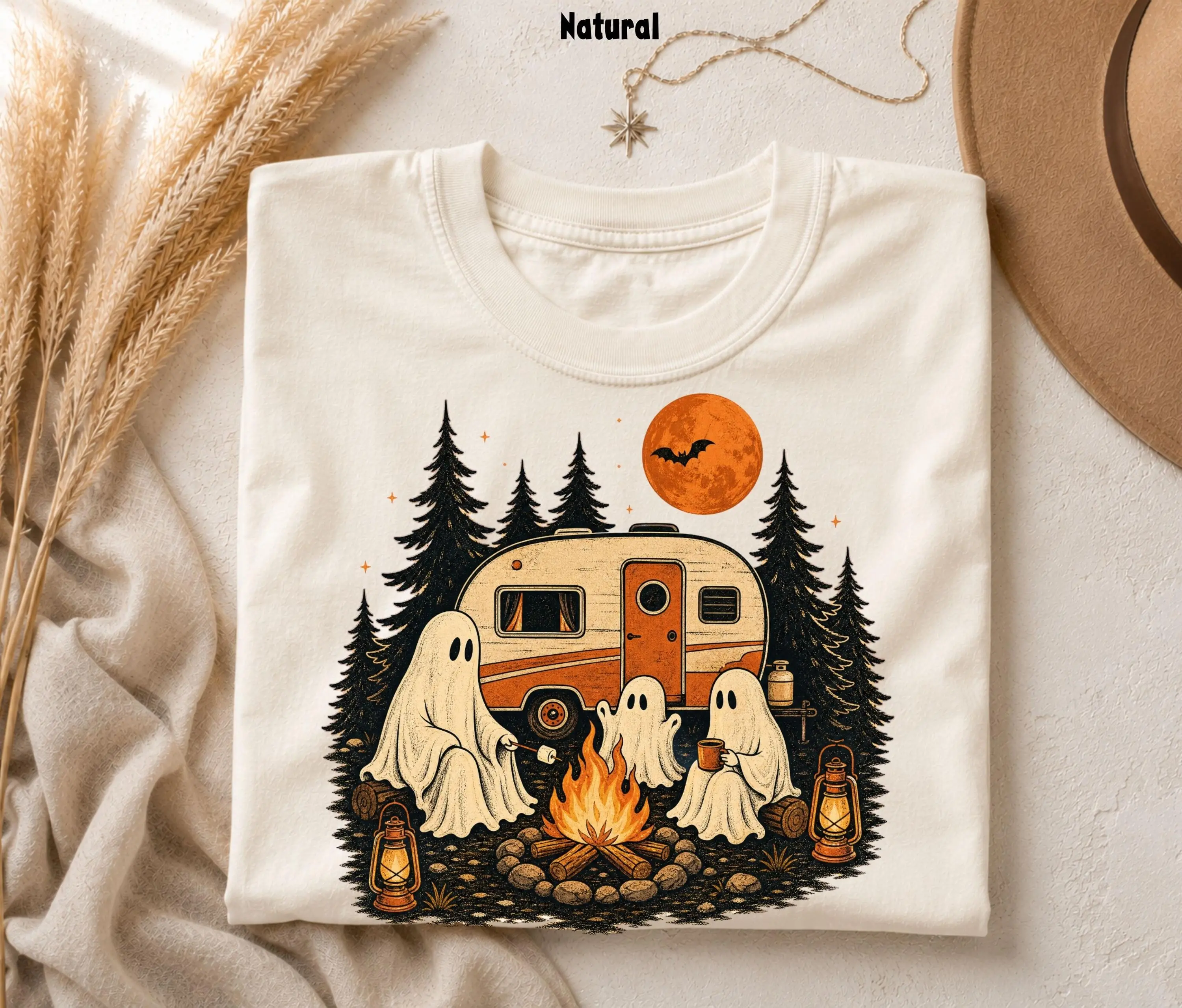 Ghost Camping Halloween Shirt, Vintage Camper Graphic Unisex Spooky Season Tee