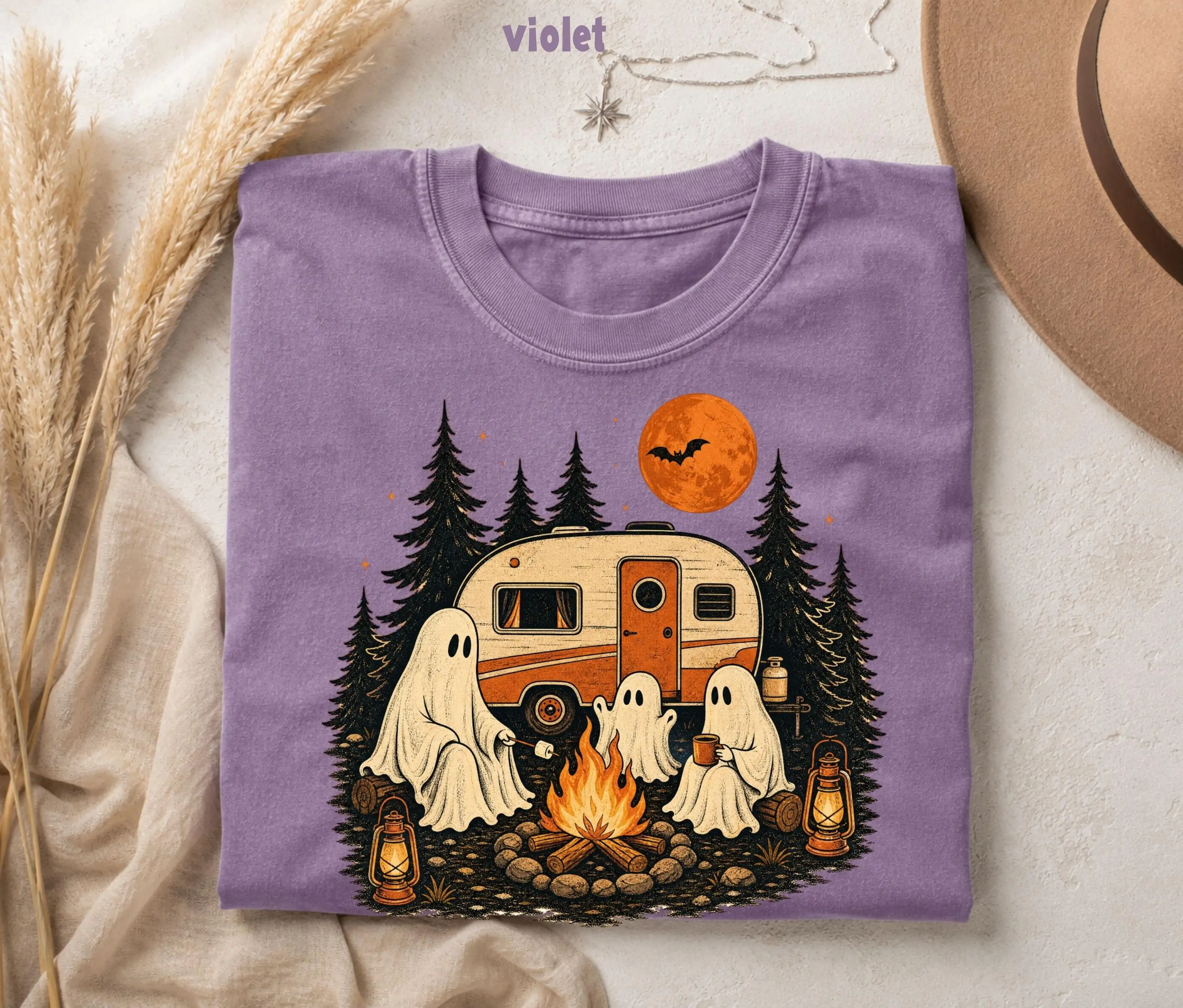 Ghost Camping Halloween Shirt, Vintage Camper Graphic Unisex Spooky Season Tee - photo 2