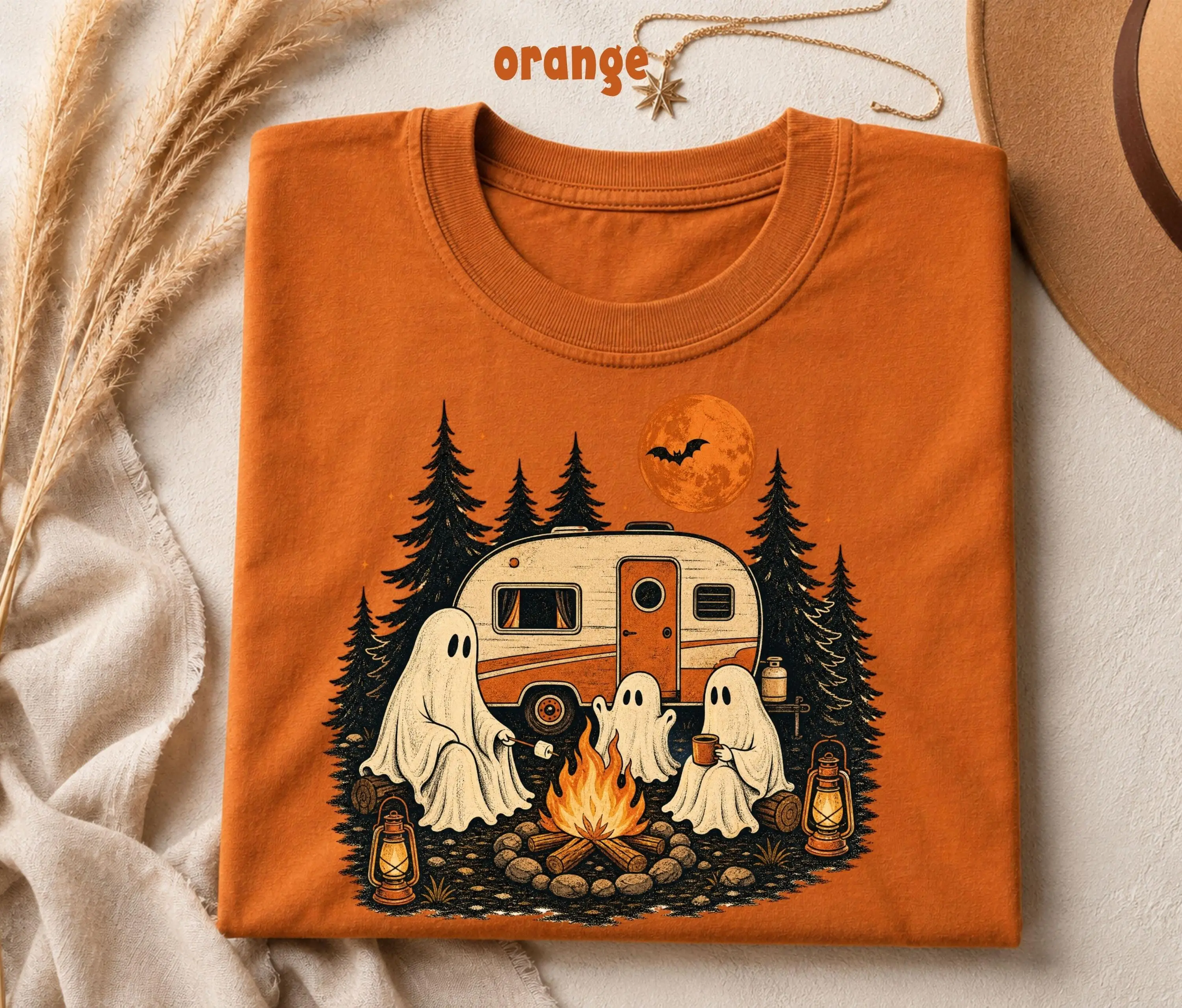 Ghost Camping Halloween Shirt, Vintage Camper Graphic Unisex Spooky Season Tee - photo 3