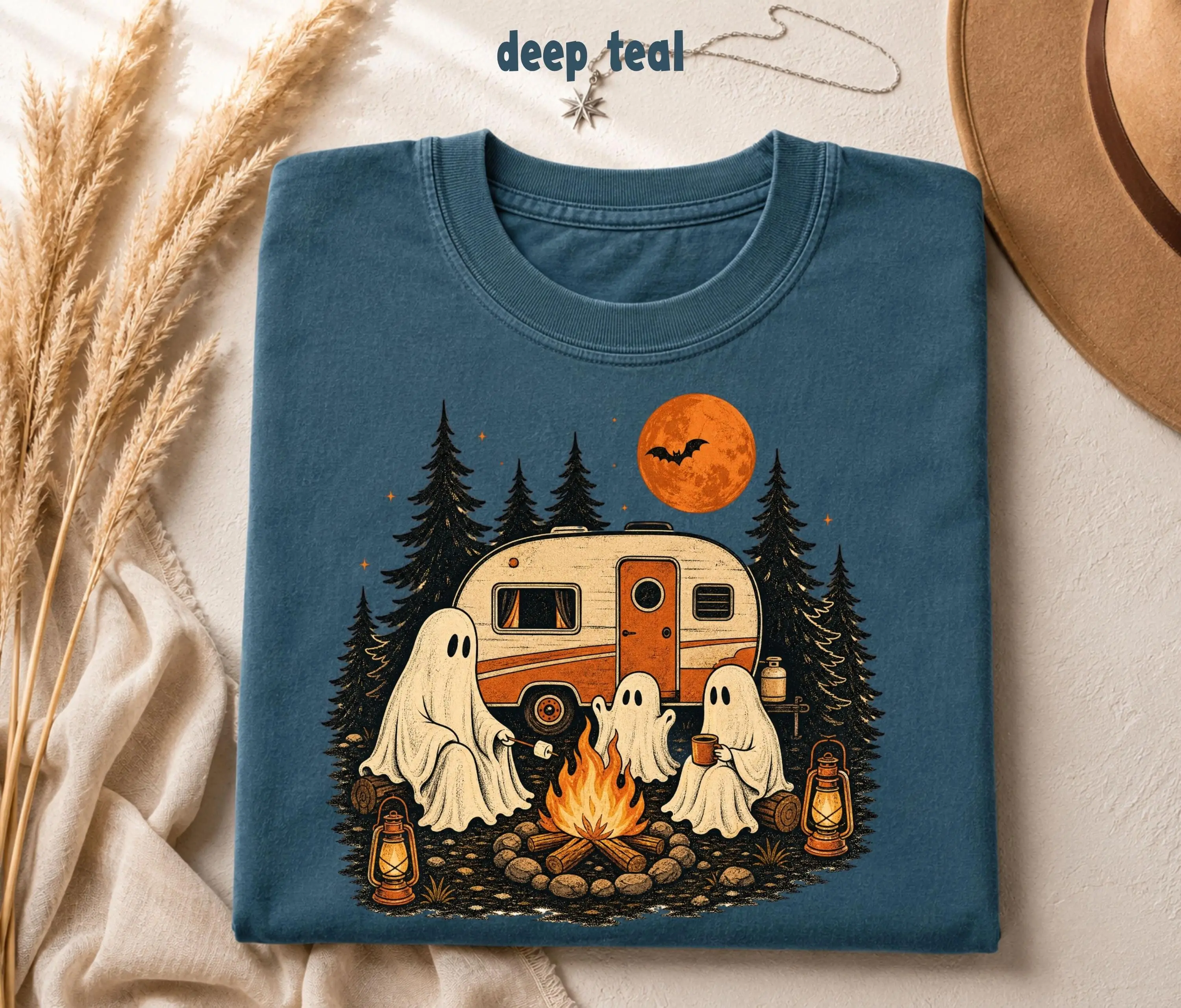 Ghost Camping Halloween Shirt, Vintage Camper Graphic Unisex Spooky Season Tee - photo 4