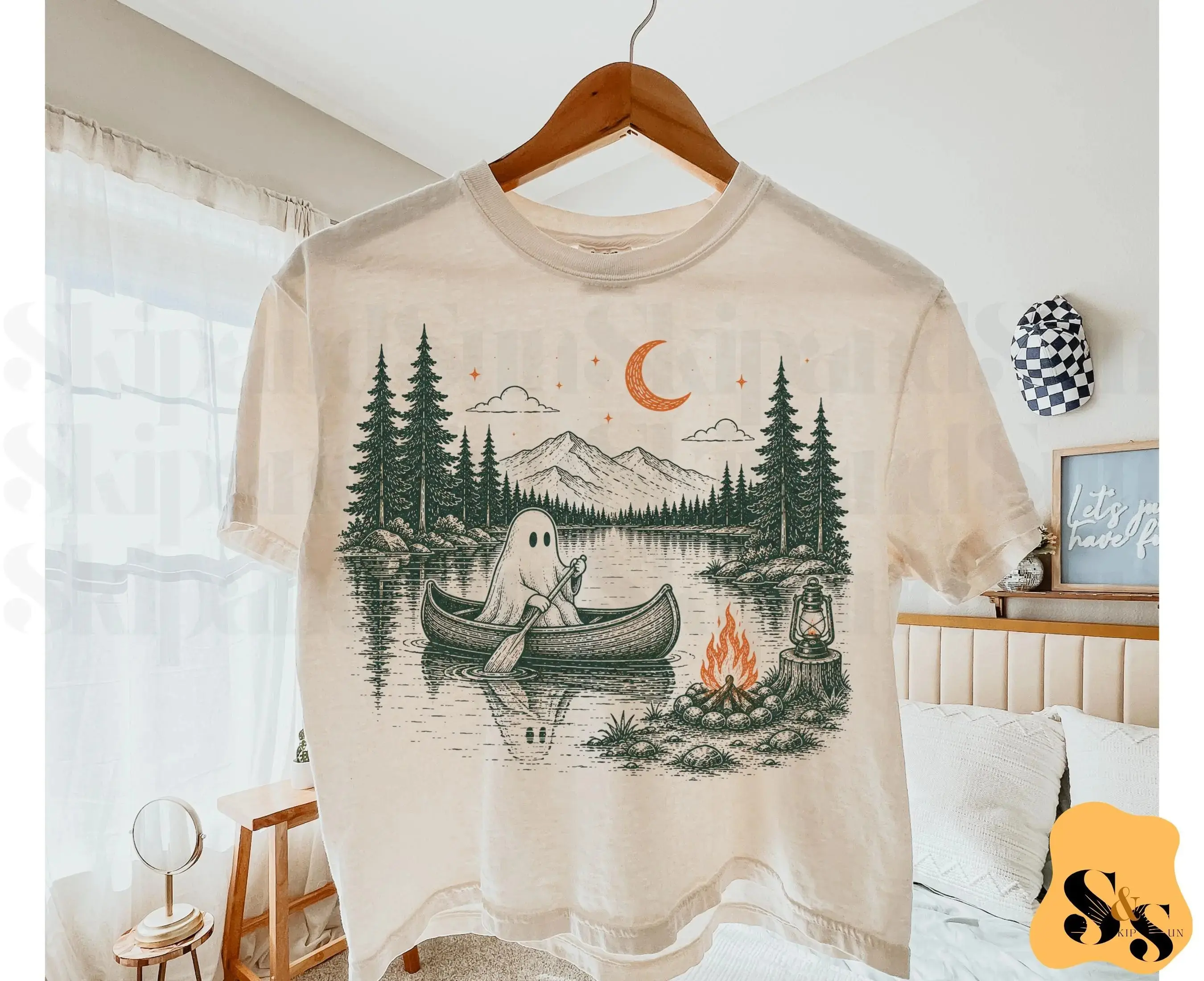 Ghost Canoeing Shirt, Cute Spooky Camping Lake Tee, Retro Cottagecore Fall Halloween Graphic Camper Gift for Women
