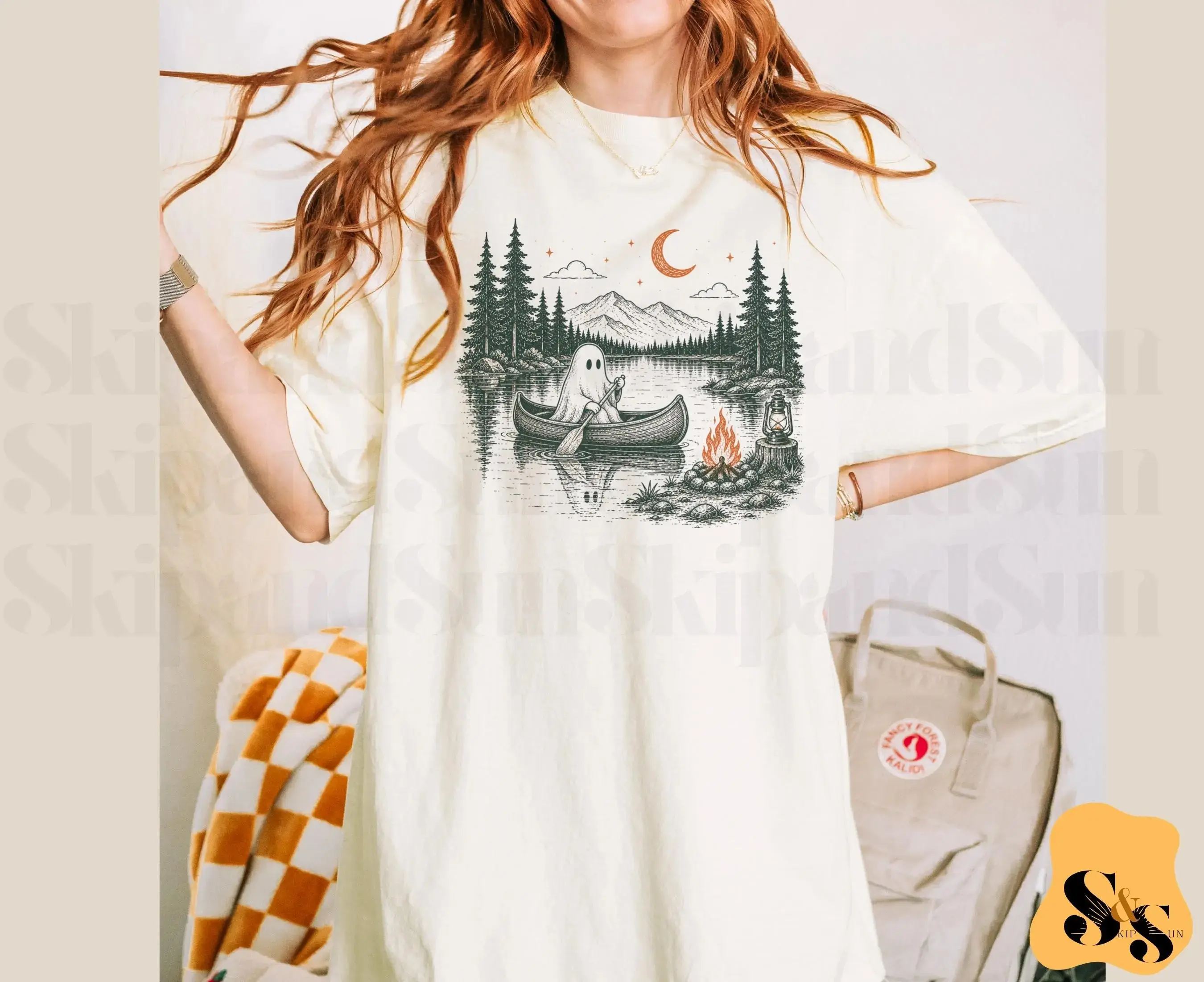 Ghost Canoeing Shirt, Cute Spooky Camping Lake Tee, Retro Cottagecore Fall Halloween Graphic Camper Gift for Women - photo 2