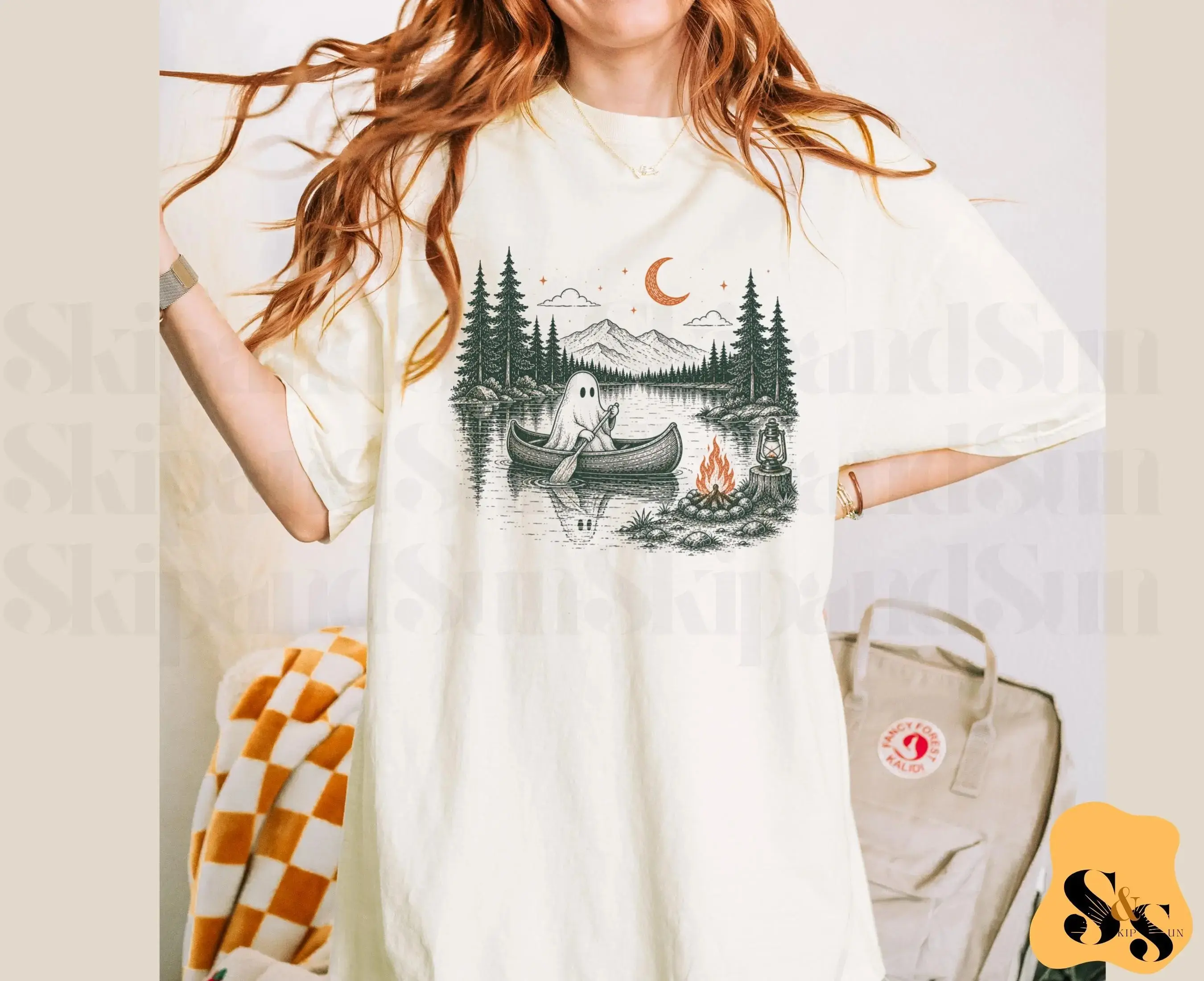 Ghost Canoeing Shirt, Cute Spooky Camping Lake Tee, Retro Cottagecore Fall Halloween Graphic Camper Gift for Women - photo 3