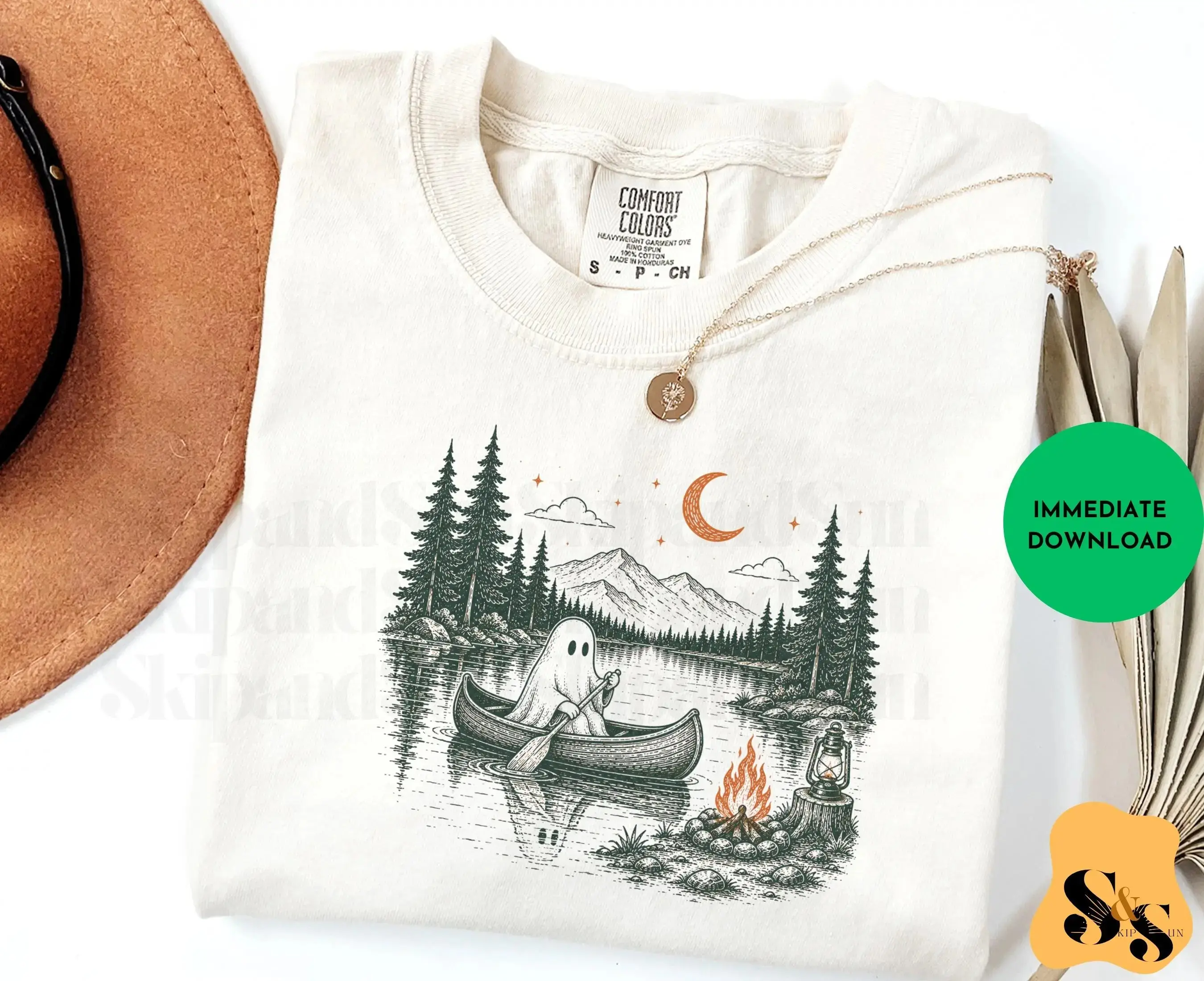Ghost Canoeing Shirt, Cute Spooky Camping Lake Tee, Retro Cottagecore Fall Halloween Graphic Camper Gift for Women - photo 4