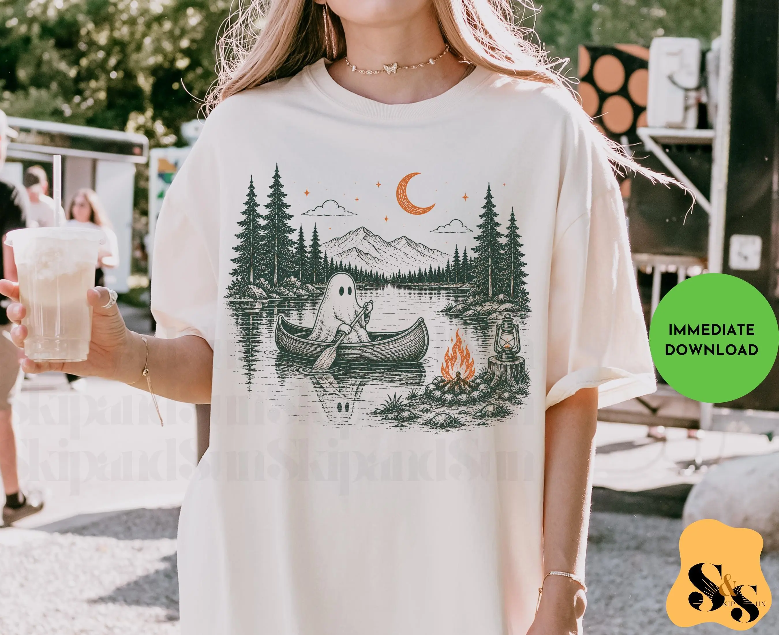 Ghost Canoeing Sweatshirt, Cute Spooky Camping Lake Crewneck, Retro Cottagecore Fall Halloween Camper Gift - photo 5