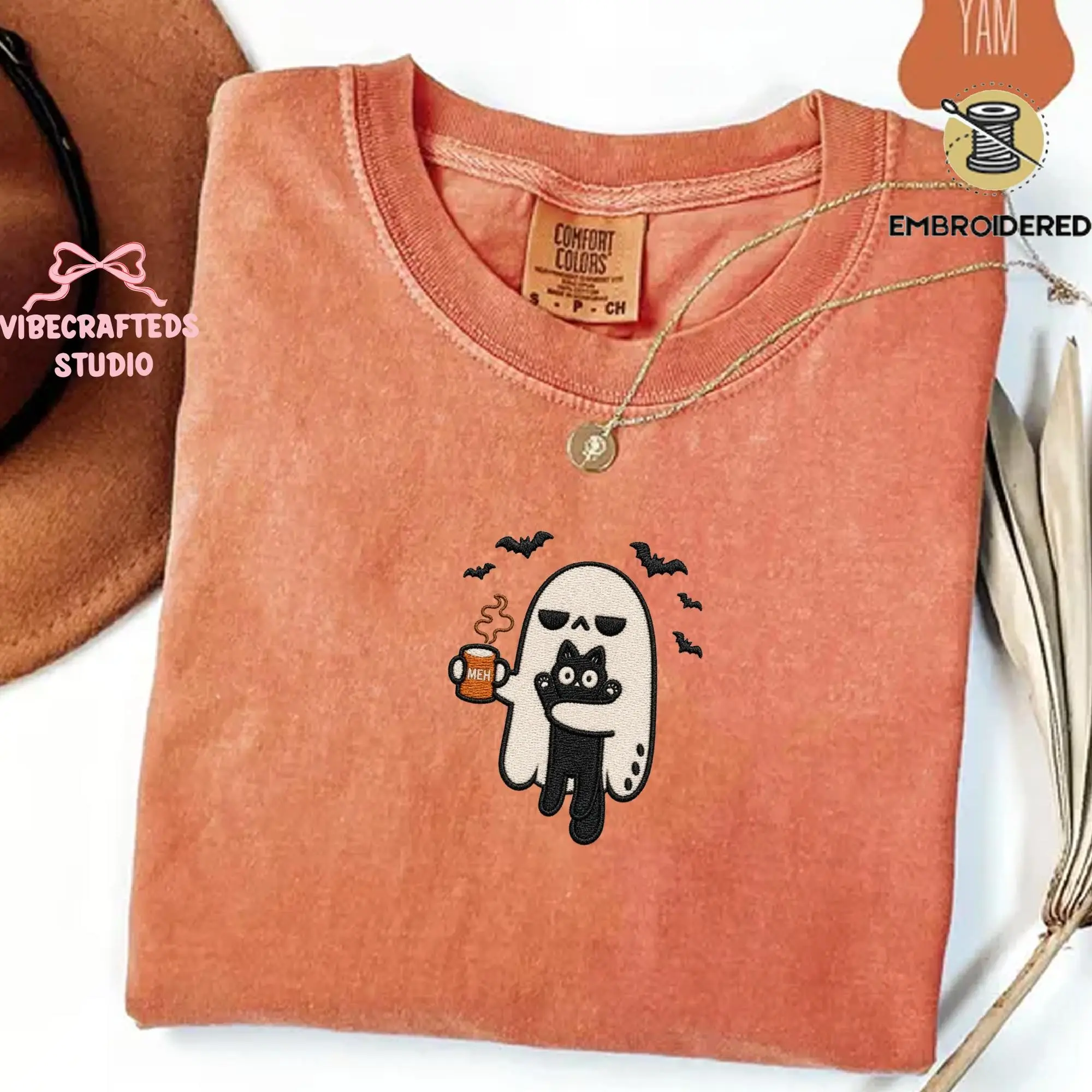 Ghost Cat Embroidered Comfort Colors Shirt, Meh Coffee Halloween Tee, Funny Spooky Womens Fall Graphic Gift
