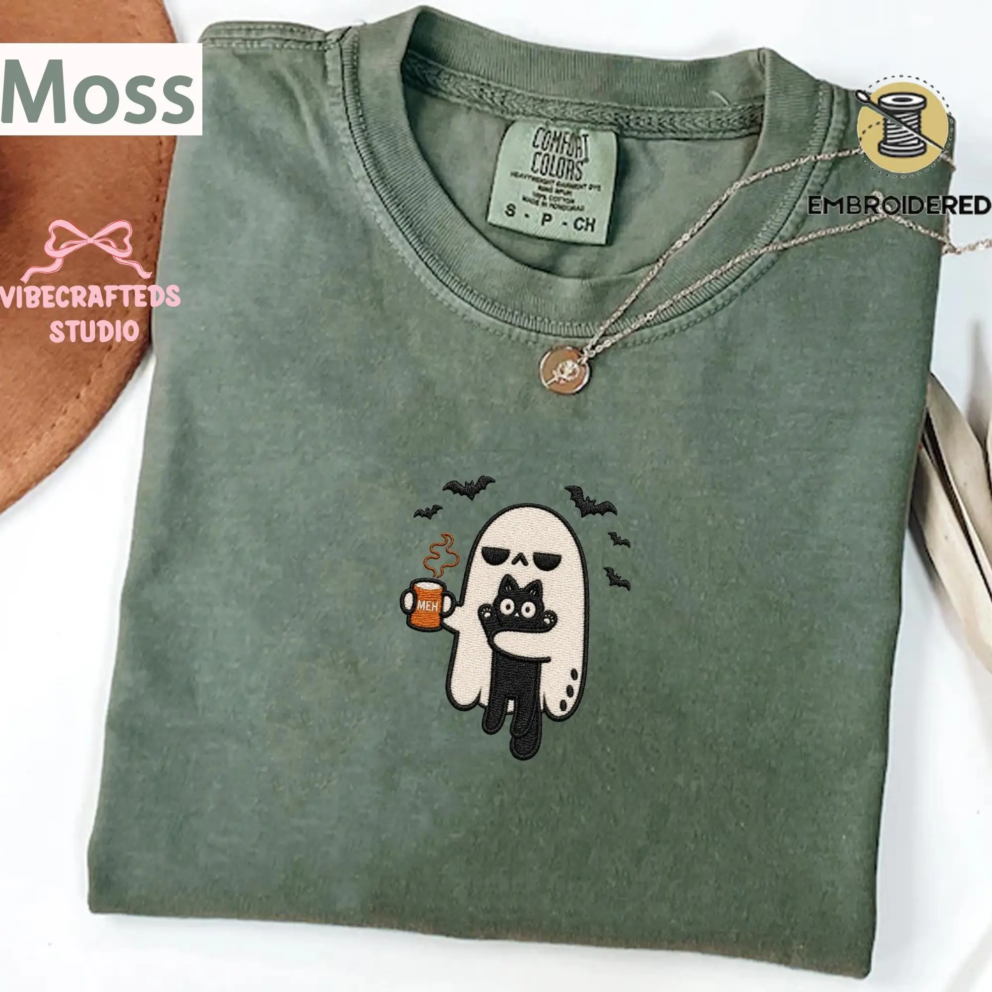 Ghost Cat Embroidered Comfort Colors Shirt, Meh Coffee Halloween Tee, Funny Spooky Womens Fall Graphic Gift - photo 2