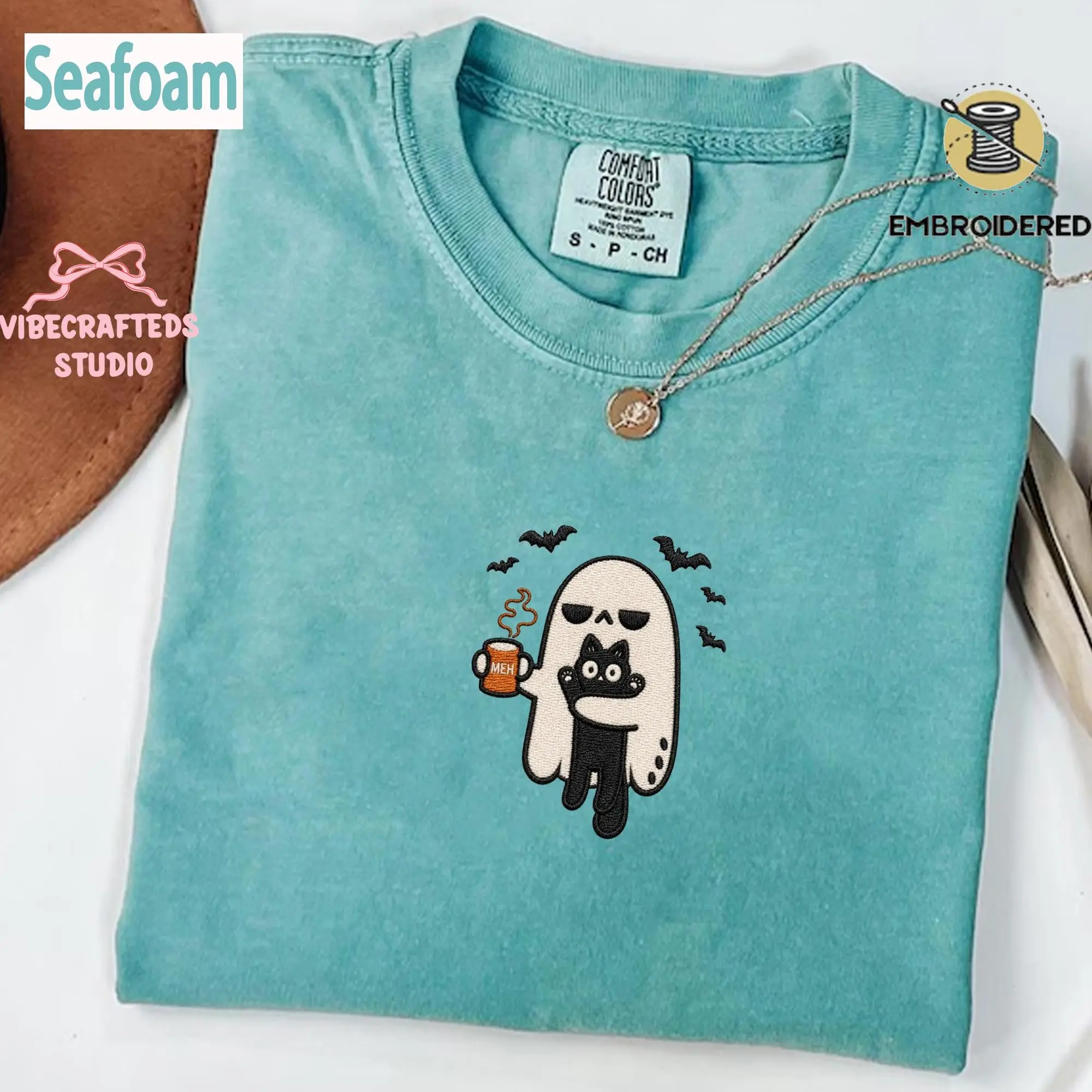 Ghost Cat Embroidered Comfort Colors Shirt, Meh Coffee Halloween Tee, Funny Spooky Womens Fall Graphic Gift - photo 3