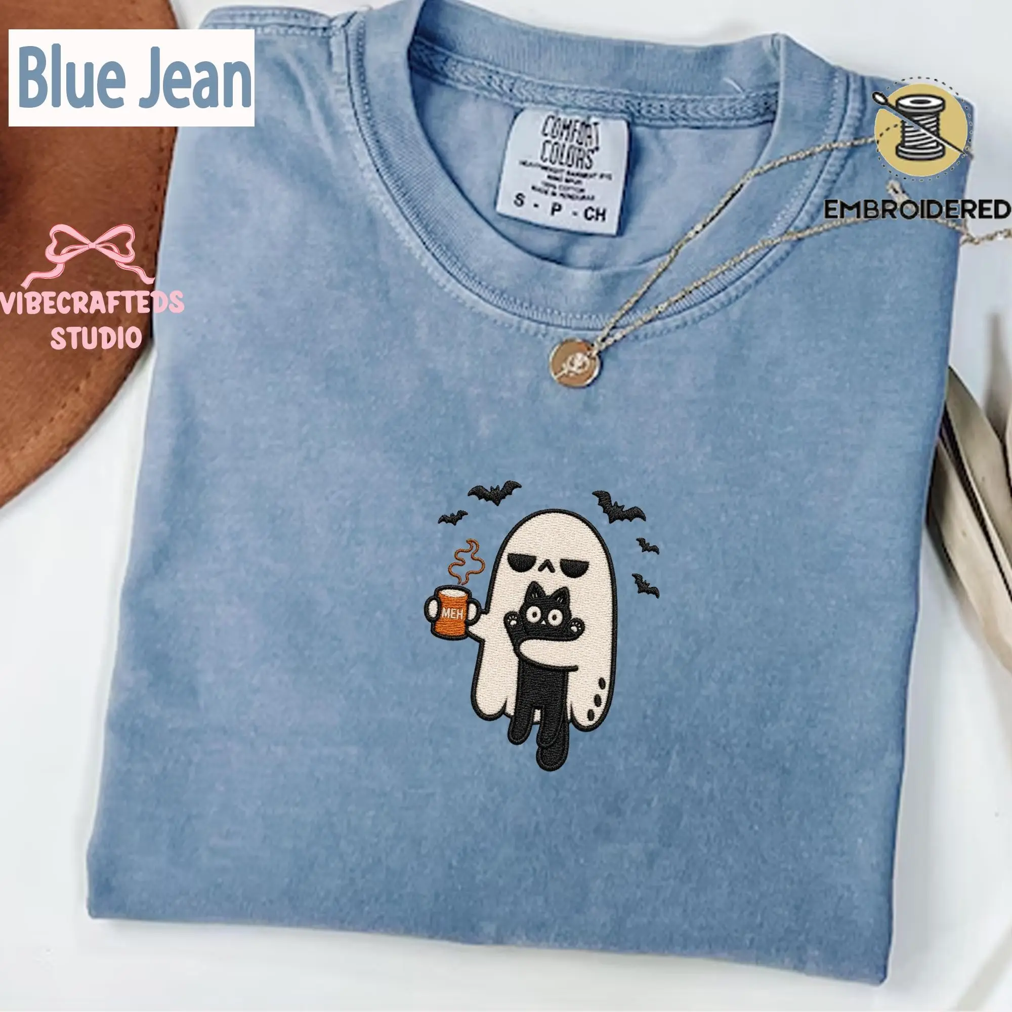 Ghost Cat Embroidered Comfort Colors Shirt, Meh Coffee Halloween Tee, Funny Spooky Womens Fall Graphic Gift - photo 4