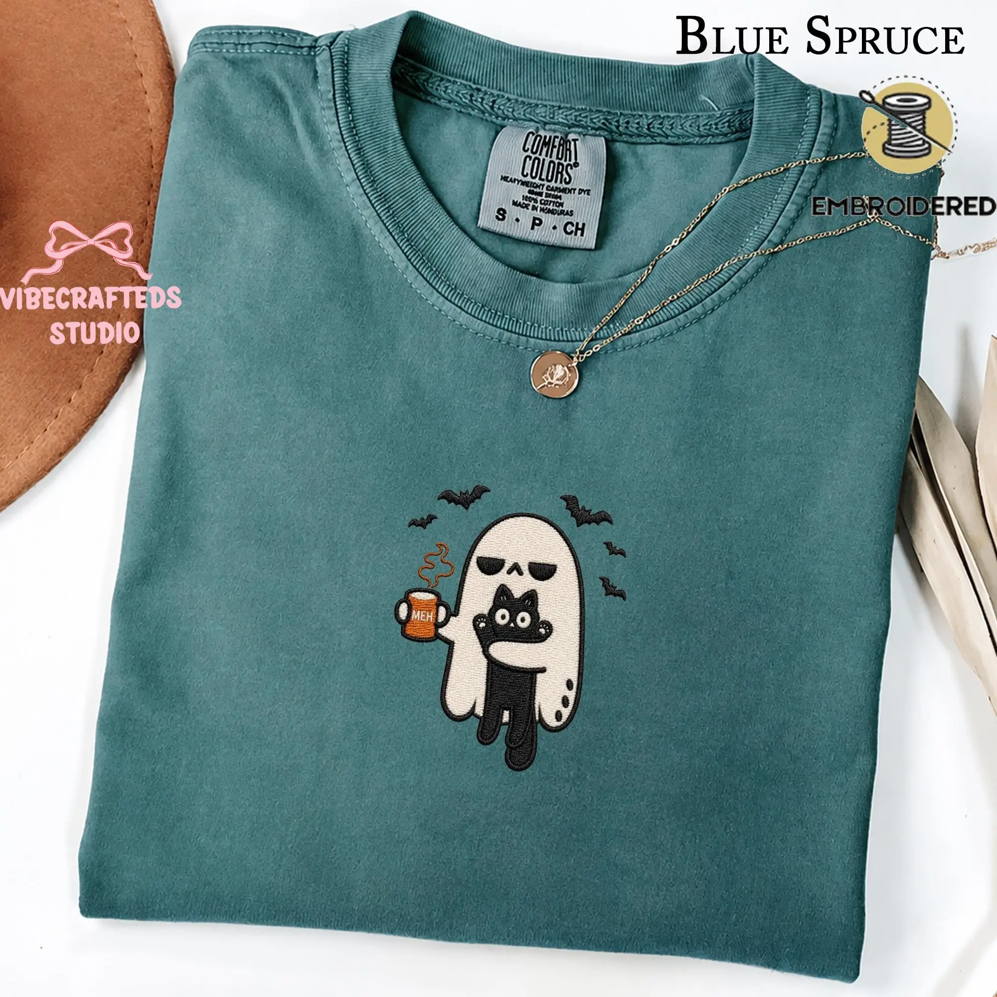 Ghost Cat Embroidered Comfort Colors Shirt, Meh Coffee Halloween Tee, Funny Spooky Womens Fall Graphic Gift - photo 5