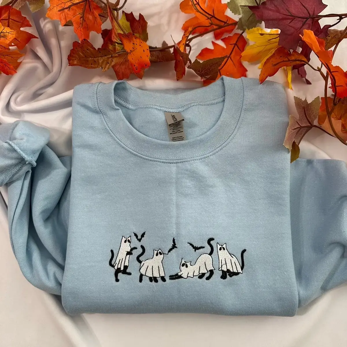 Ghost Cat Embroidered Shirt, Womens Spooky Halloween Vintage Y2K Cute Creepy Fall Long Sleeve Top - photo 3