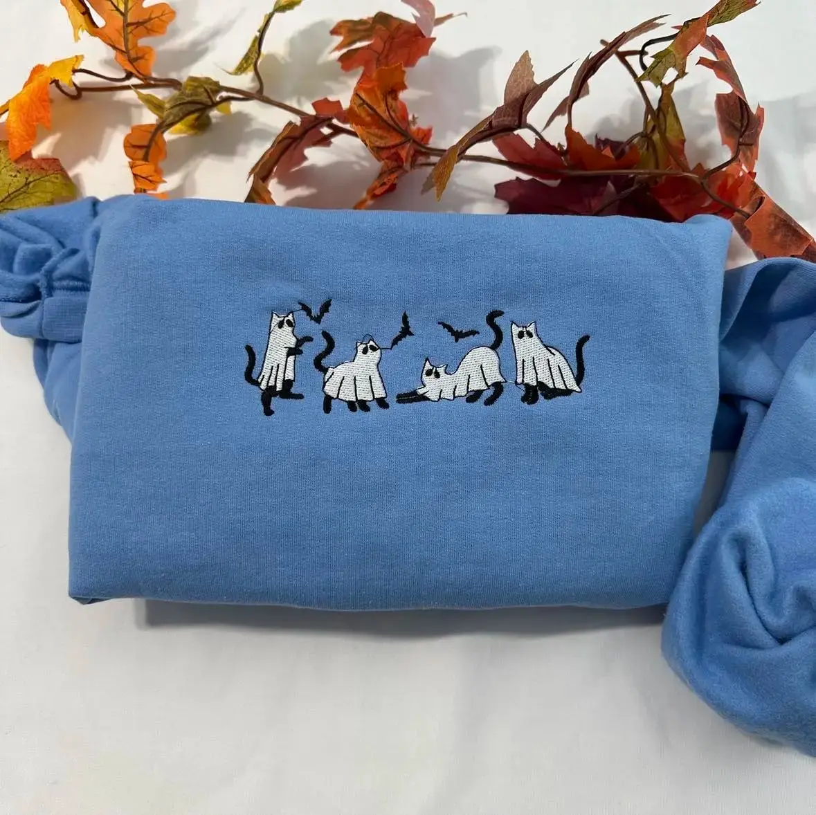 Ghost Cat Embroidered Shirt, Womens Spooky Halloween Vintage Y2K Cute Creepy Fall Long Sleeve Top - photo 4
