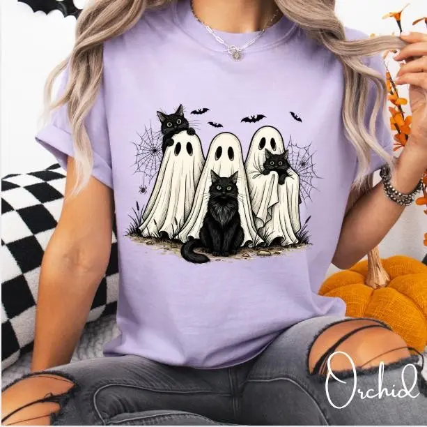 Comfort Colors Ghost Cat Halloween Shirt, Spooky Bats Spiderweb Black Tee