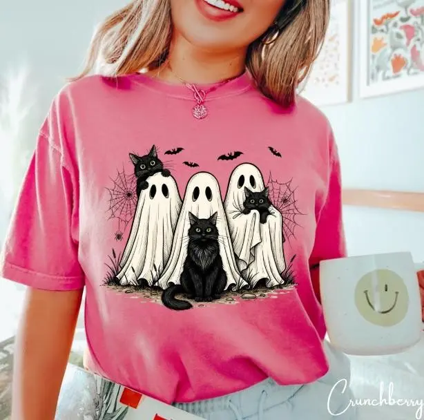 Comfort Colors Ghost Cat Halloween Shirt, Spooky Bats Spiderweb Black Tee - photo 2