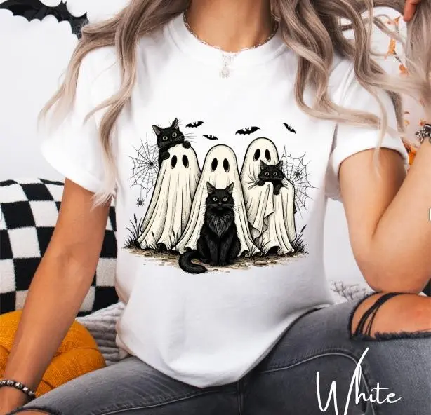 Comfort Colors Ghost Cat Halloween Shirt, Spooky Bats Spiderweb Black Tee - photo 3