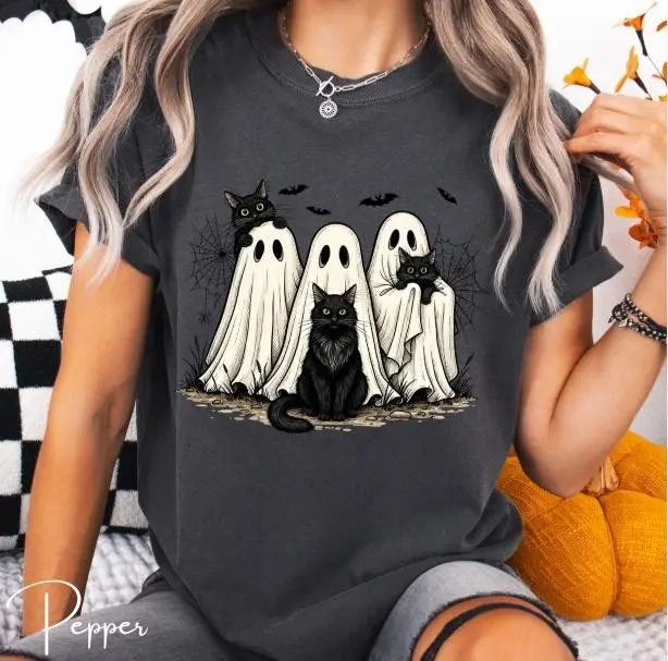 Comfort Colors Ghost Cat Halloween Shirt, Spooky Bats Spiderweb Black Tee - photo 4