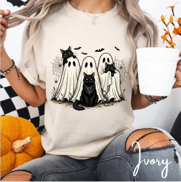Comfort Colors Ghost Cat Halloween Shirt, Spooky Bats Spiderweb Black Tee - photo 5