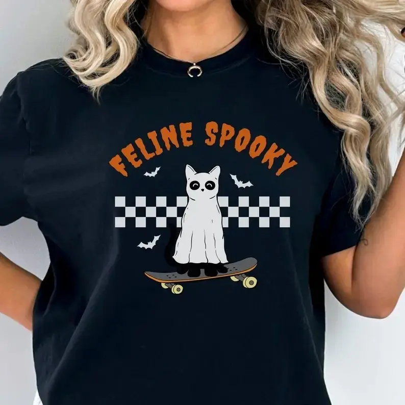 Ghost Cat Halloween Shirt for Women, Comfort Colors Black Kitty Tee, Cat Mama Lover Gift