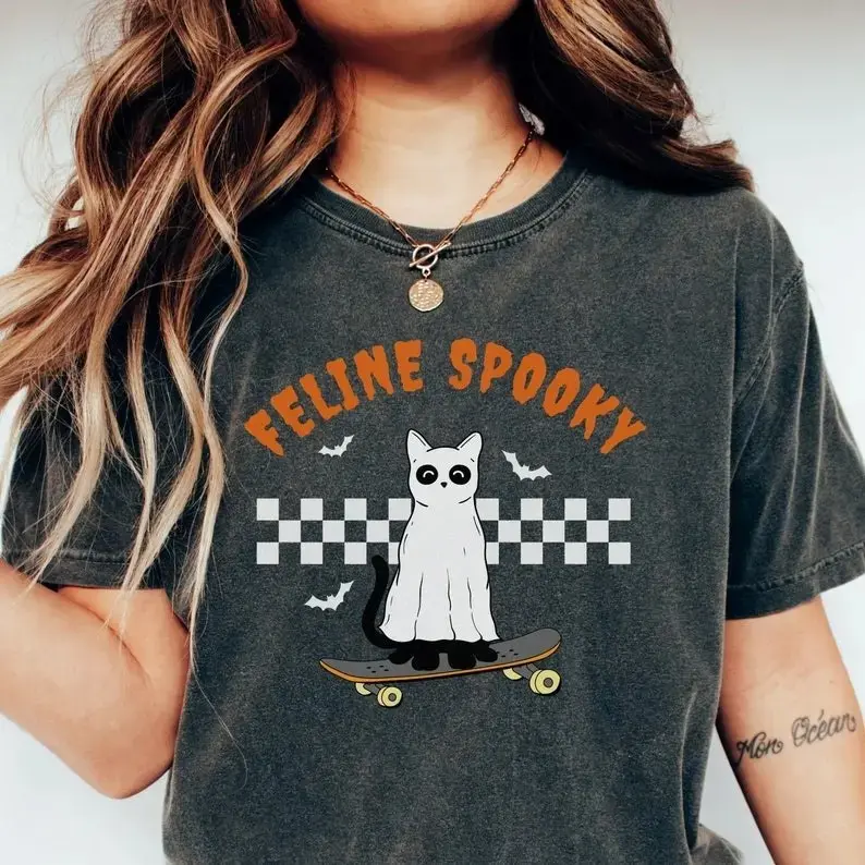 Ghost Cat Halloween Shirt for Women, Comfort Colors Black Kitty Tee, Cat Mama Lover Gift - photo 2
