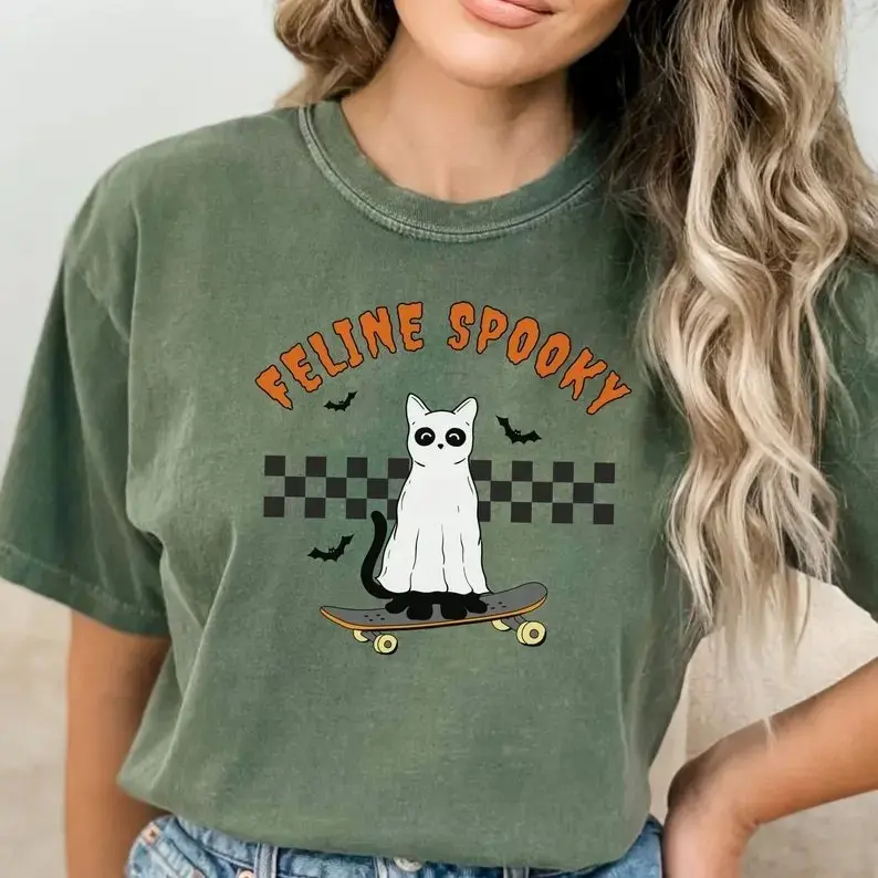 Ghost Cat Halloween Shirt for Women, Comfort Colors Black Kitty Tee, Cat Mama Lover Gift - photo 3