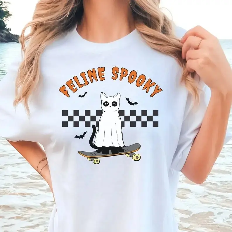 Ghost Cat Halloween Shirt for Women, Comfort Colors Black Kitty Tee, Cat Mama Lover Gift - photo 4