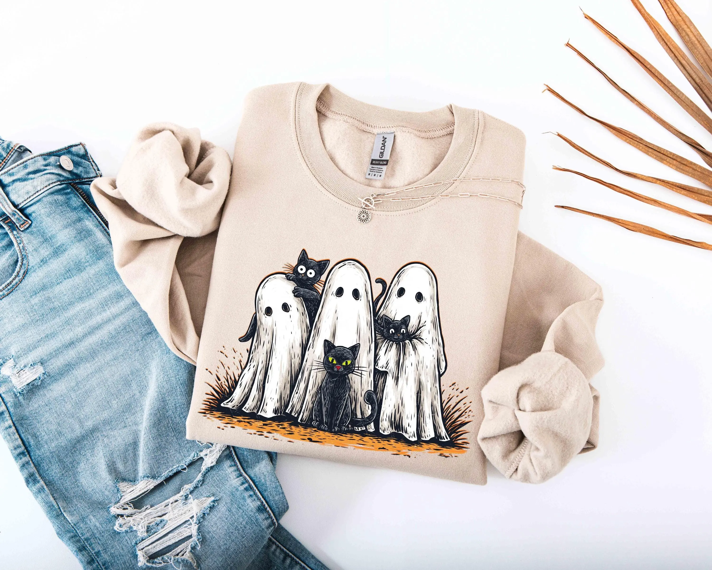 Ghost Black Cat Halloween Sweatshirt, Pumpkin Spice Latte Top, Cute Spooky Season Fall Crewneck, Coffee Lover Gift