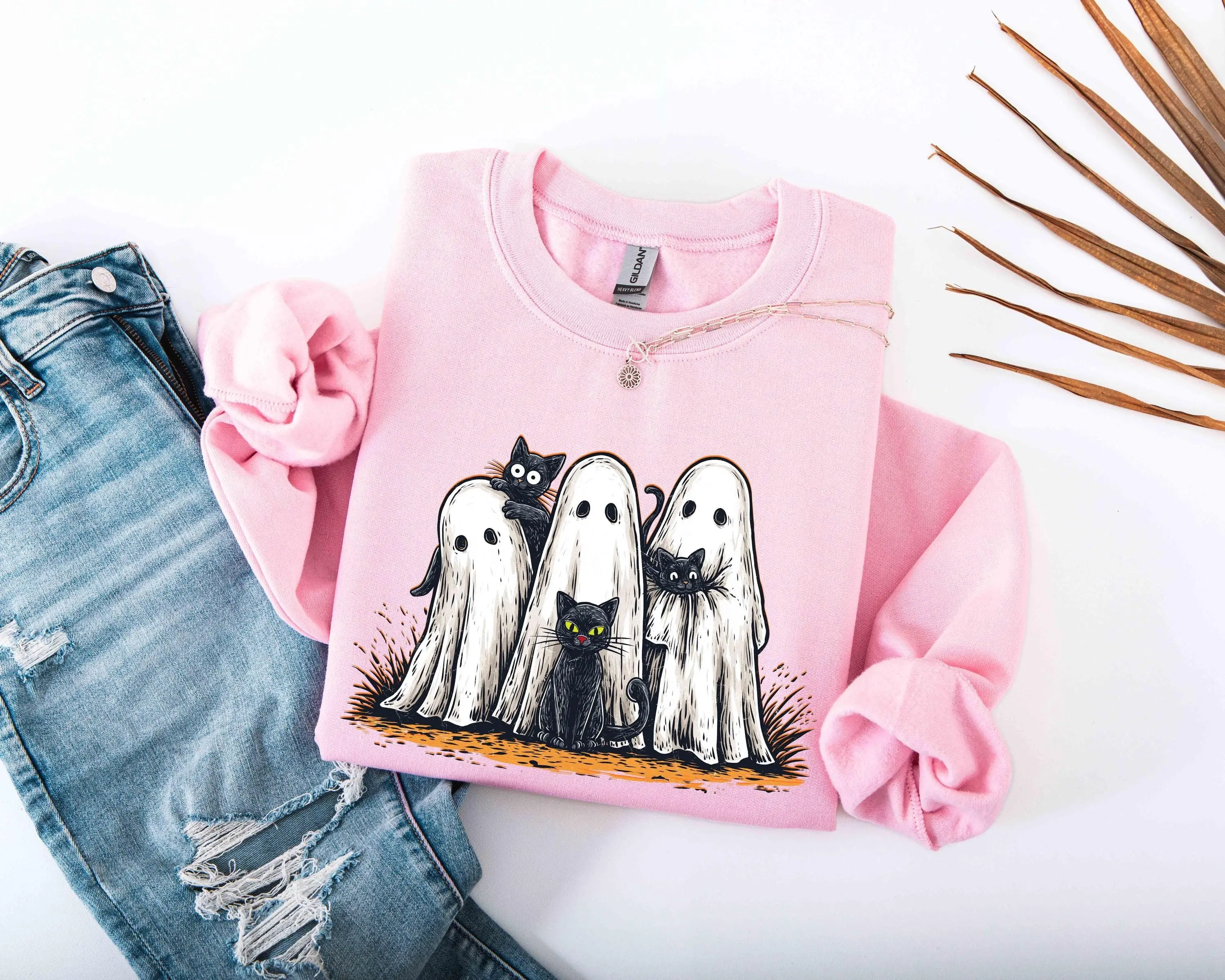 Ghost Black Cat Halloween Sweatshirt, Pumpkin Spice Latte Top, Cute Spooky Season Fall Crewneck, Coffee Lover Gift - photo 2