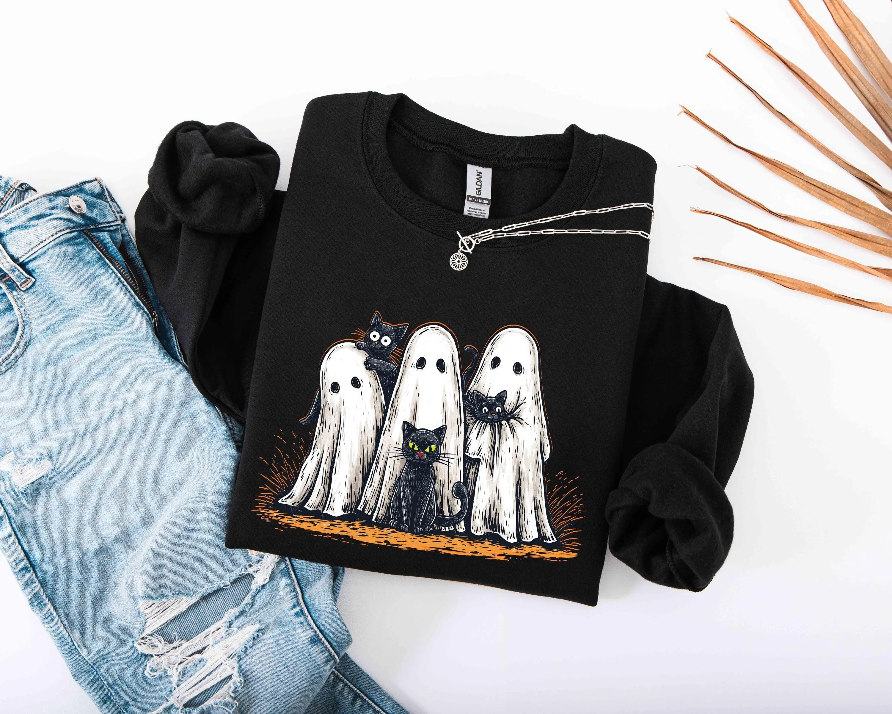 Ghost Black Cat Halloween Sweatshirt, Pumpkin Spice Latte Top, Cute Spooky Season Fall Crewneck, Coffee Lover Gift - photo 3
