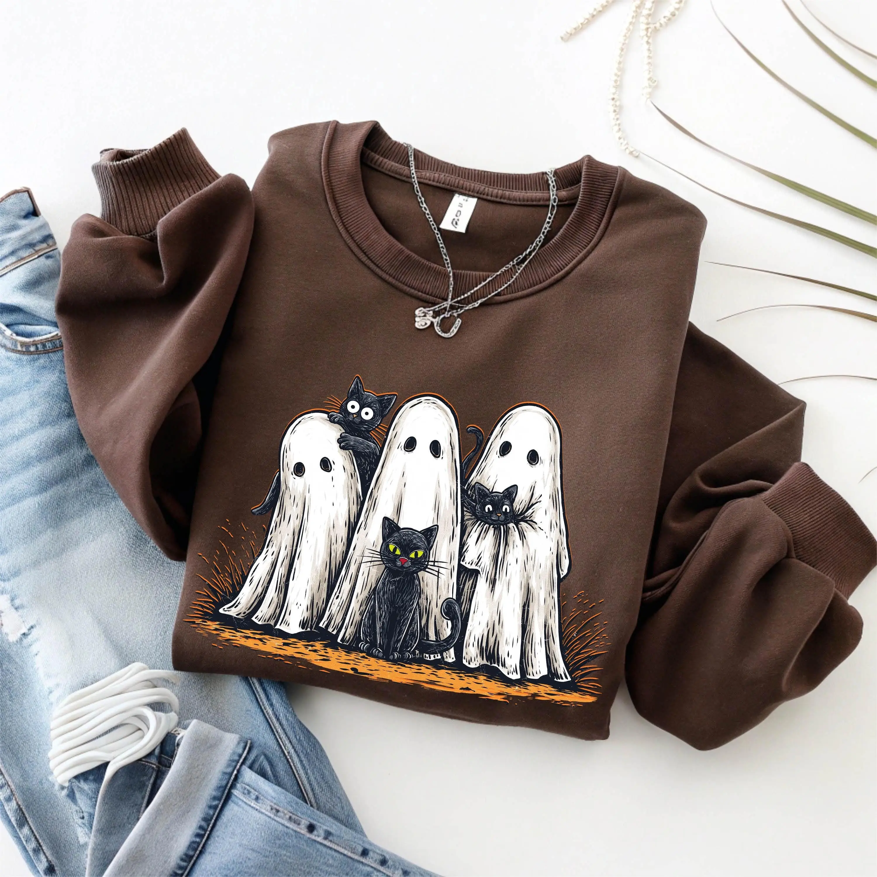 Ghost Black Cat Halloween Sweatshirt, Pumpkin Spice Latte Top, Cute Spooky Season Fall Crewneck, Coffee Lover Gift - photo 4