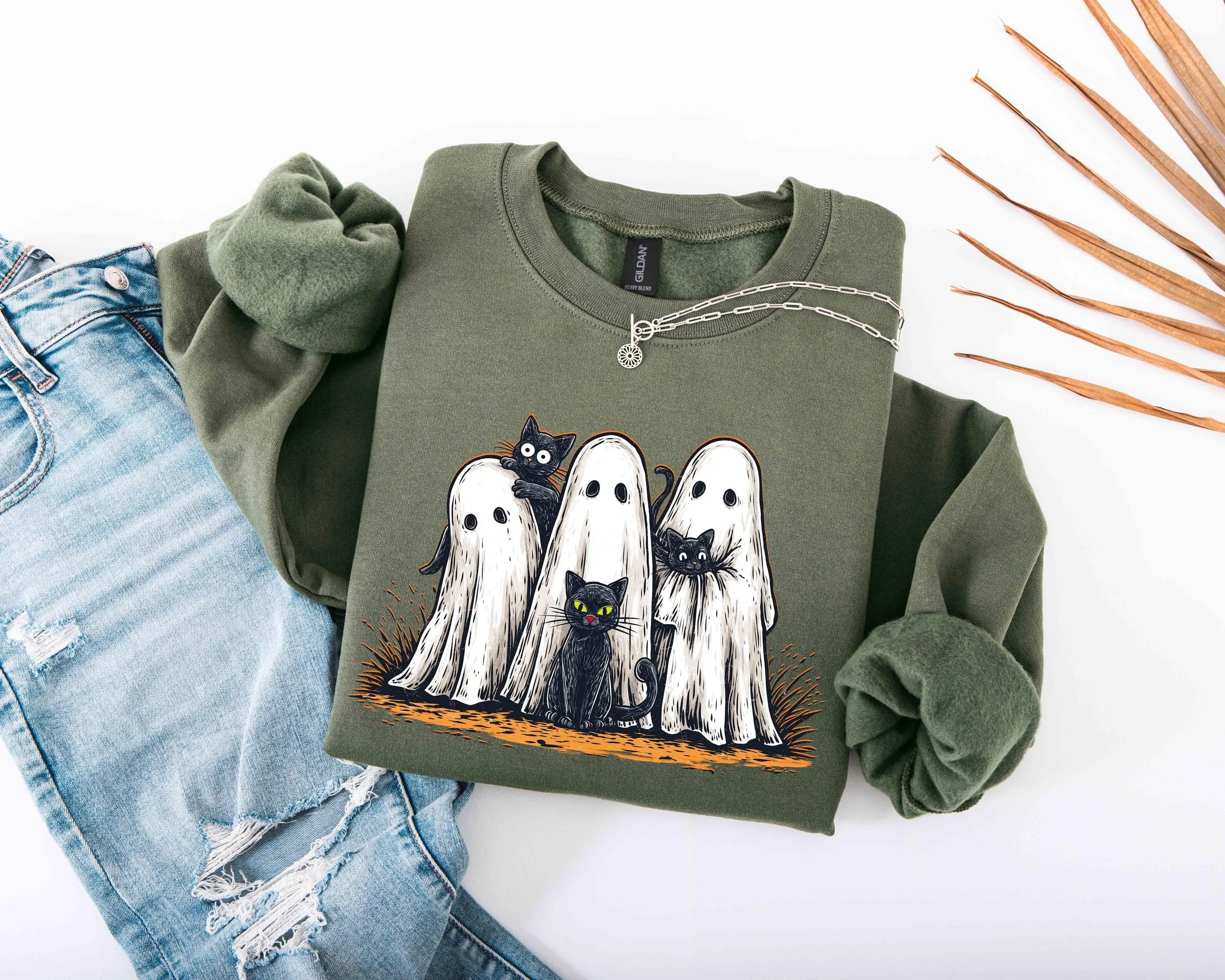 Ghost Black Cat Halloween Sweatshirt, Pumpkin Spice Latte Top, Cute Spooky Season Fall Crewneck, Coffee Lover Gift - photo 5