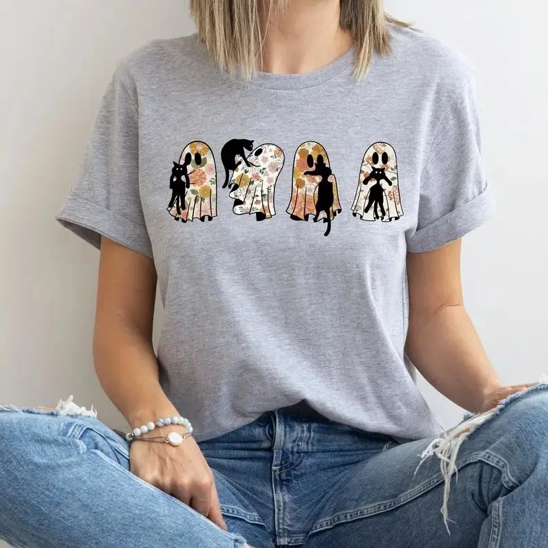Ghost Cat Shirt for Women, Halloween Black Floral Graphic Tee, Retro Spooky Season Boho Fall Crazy Kitty Lady Casual Cotton Top - photo 2