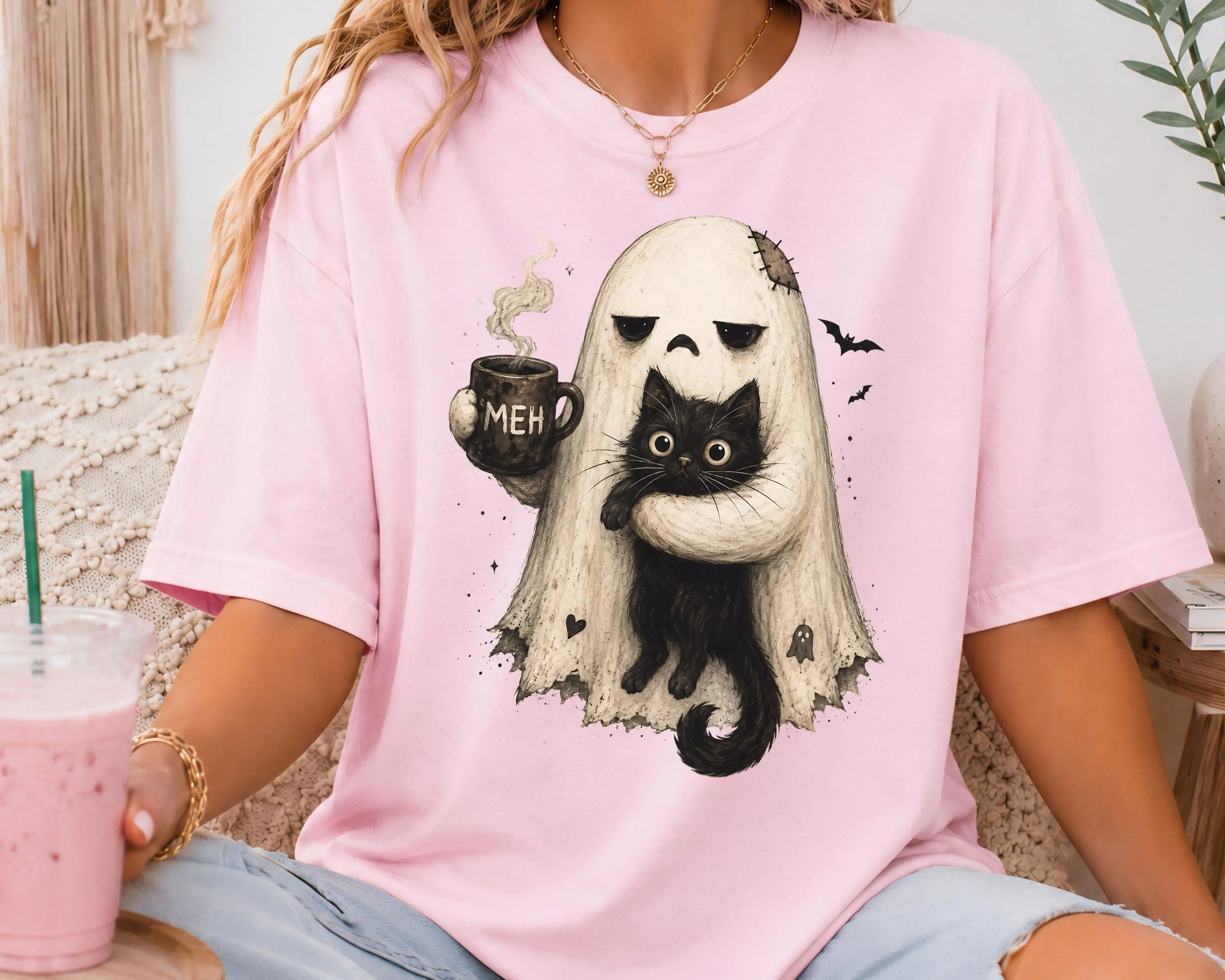 Ghost Cat Shirt for Women, Spooky Black Kitty Graphic Tee, Funny Introvert Halloween Coffee Lover Casual Short Sleeve Top