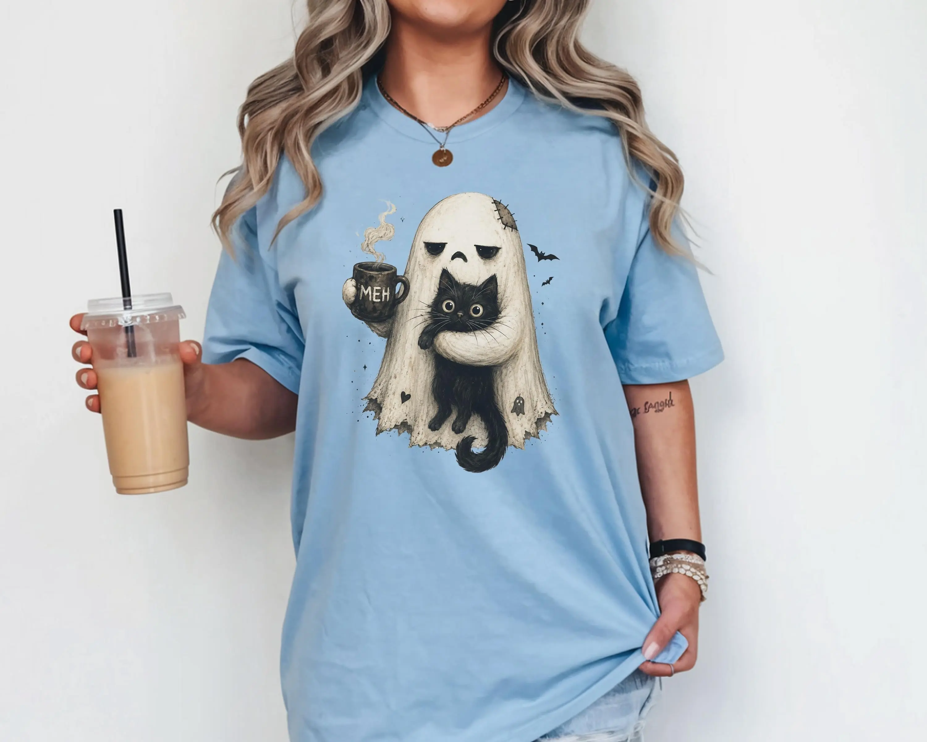 Ghost Cat Shirt for Women, Spooky Black Kitty Graphic Tee, Funny Introvert Halloween Coffee Lover Casual Short Sleeve Top - photo 3
