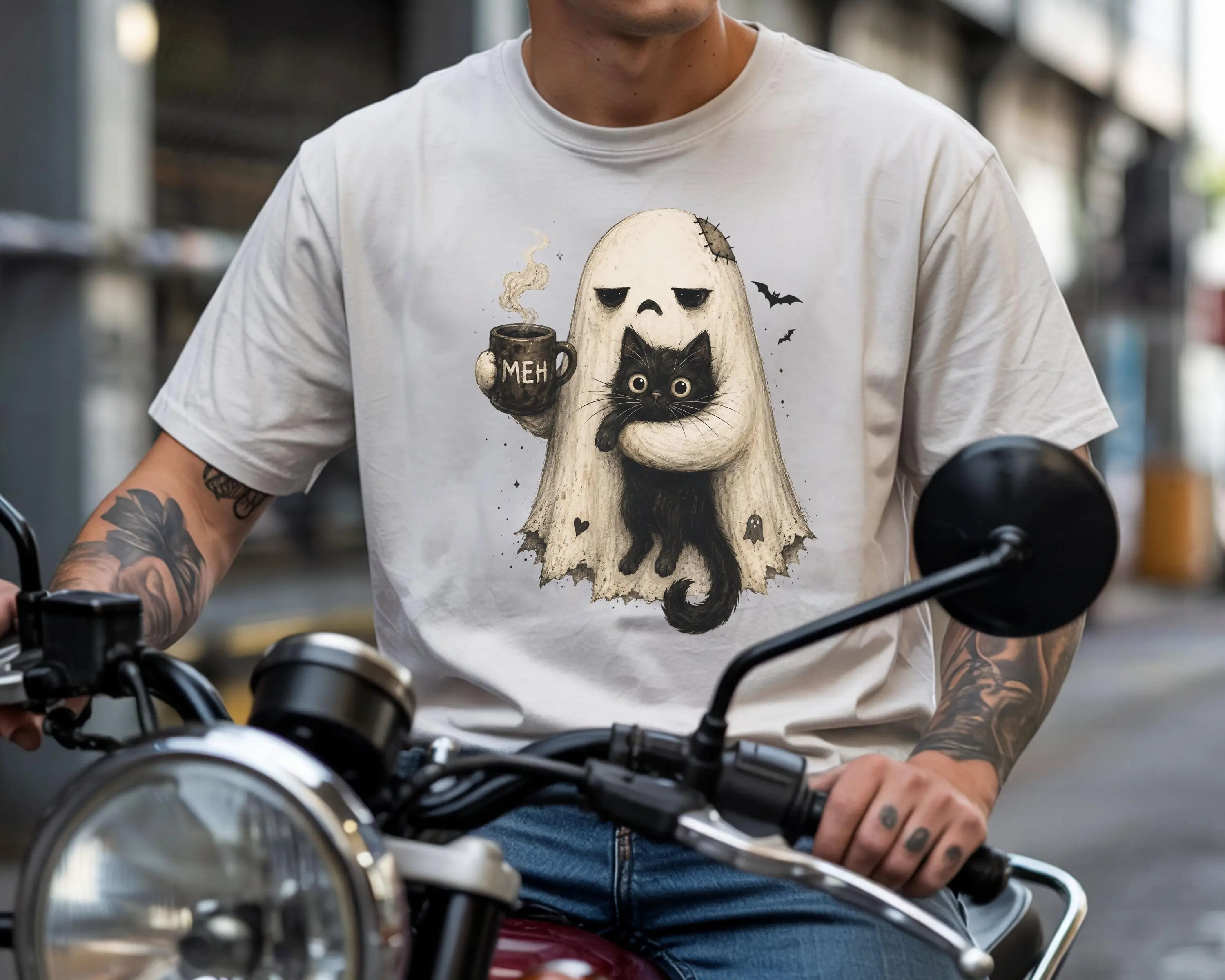 Ghost Cat Shirt for Women, Spooky Black Kitty Graphic Tee, Funny Introvert Halloween Coffee Lover Casual Short Sleeve Top - photo 4
