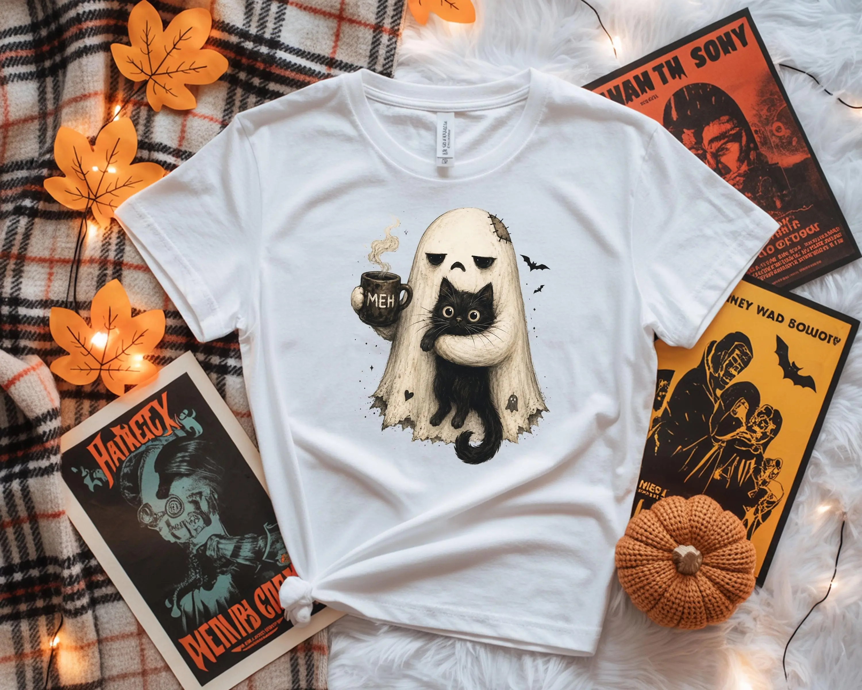 Ghost Cat Shirt for Women, Spooky Black Kitty Graphic Tee, Funny Introvert Halloween Coffee Lover Casual Short Sleeve Top - photo 5