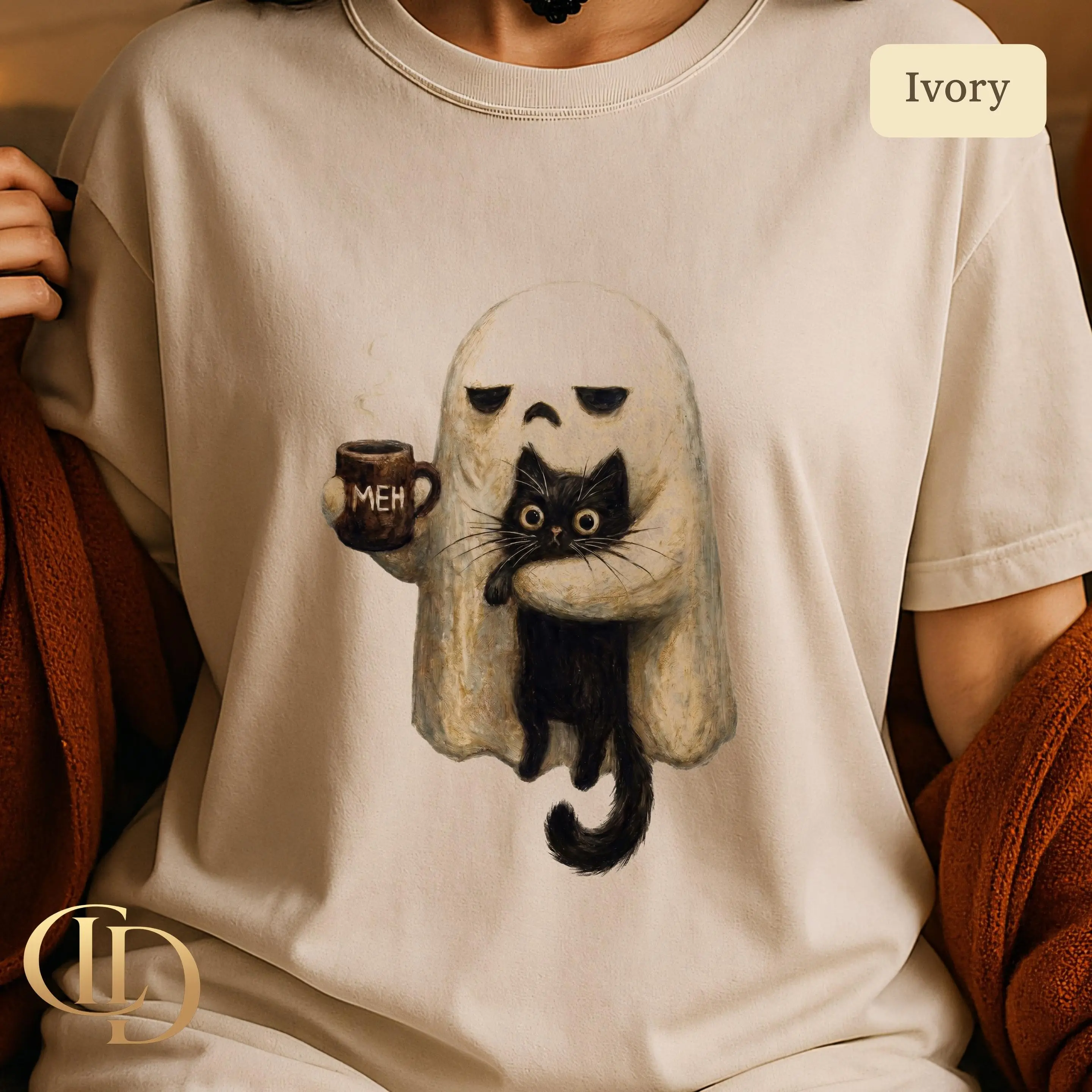 Comfort Colors Ghost Cat Sweatshirt, Spooky Black Cat Graphic Top, Funny Introvert Halloween Coffee Lover Gift for Women - photo 2