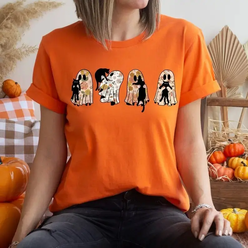 Ghost Cat Sweatshirt for Women, Halloween Black Floral Graphic Crewneck, Retro Spooky Season Boho Fall Crazy Kitty Lady Top - photo 3
