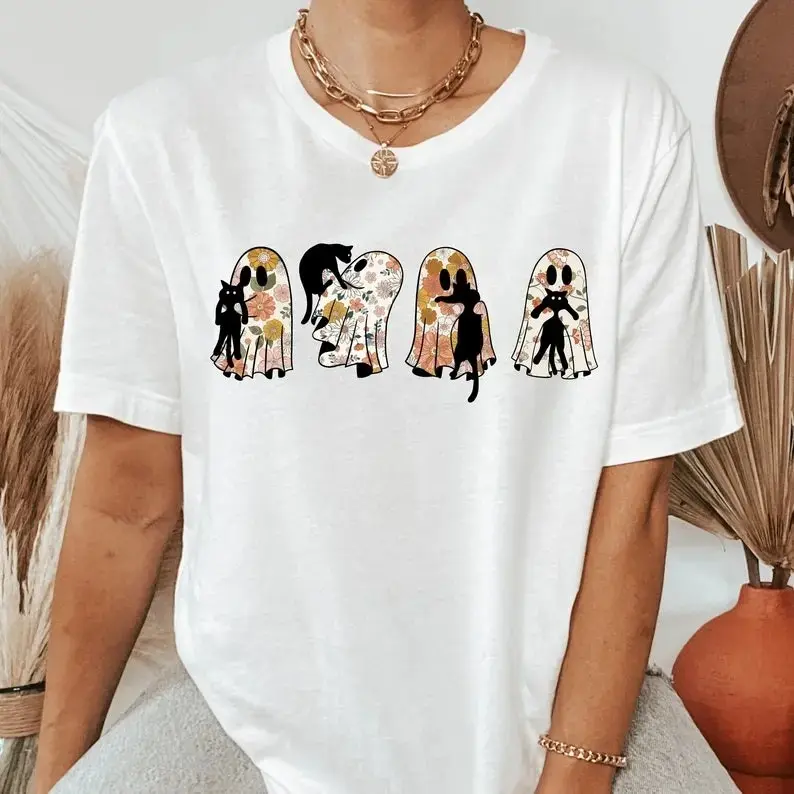 Ghost Cat Sweatshirt for Women, Halloween Black Floral Graphic Crewneck, Retro Spooky Season Boho Fall Crazy Kitty Lady Top - photo 4