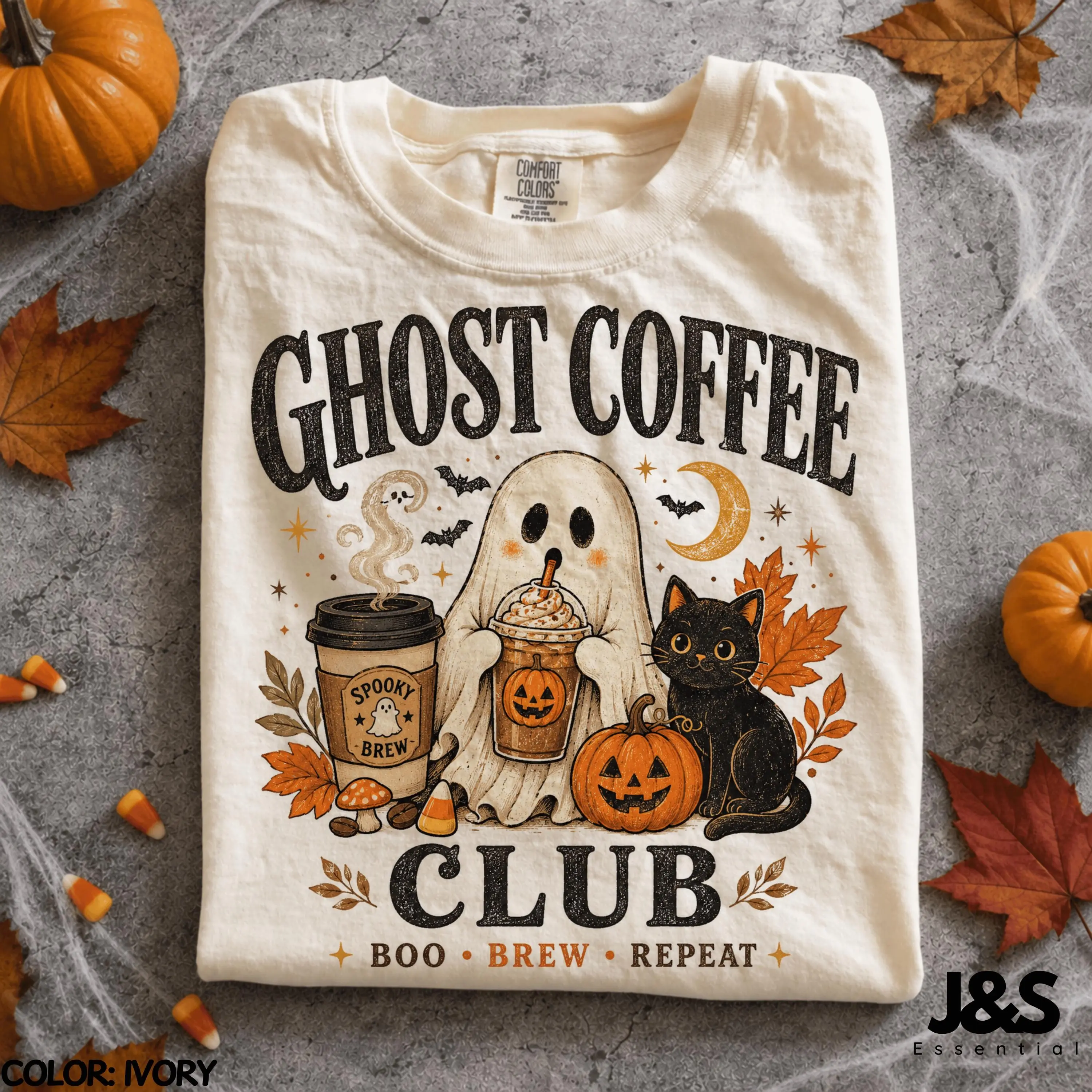 Ghost Coffee Club Halloween Shirt, Spooky Lover Tee, Cute Black Cat Pumpkin Fall Vintage Witchy Cafe Gift