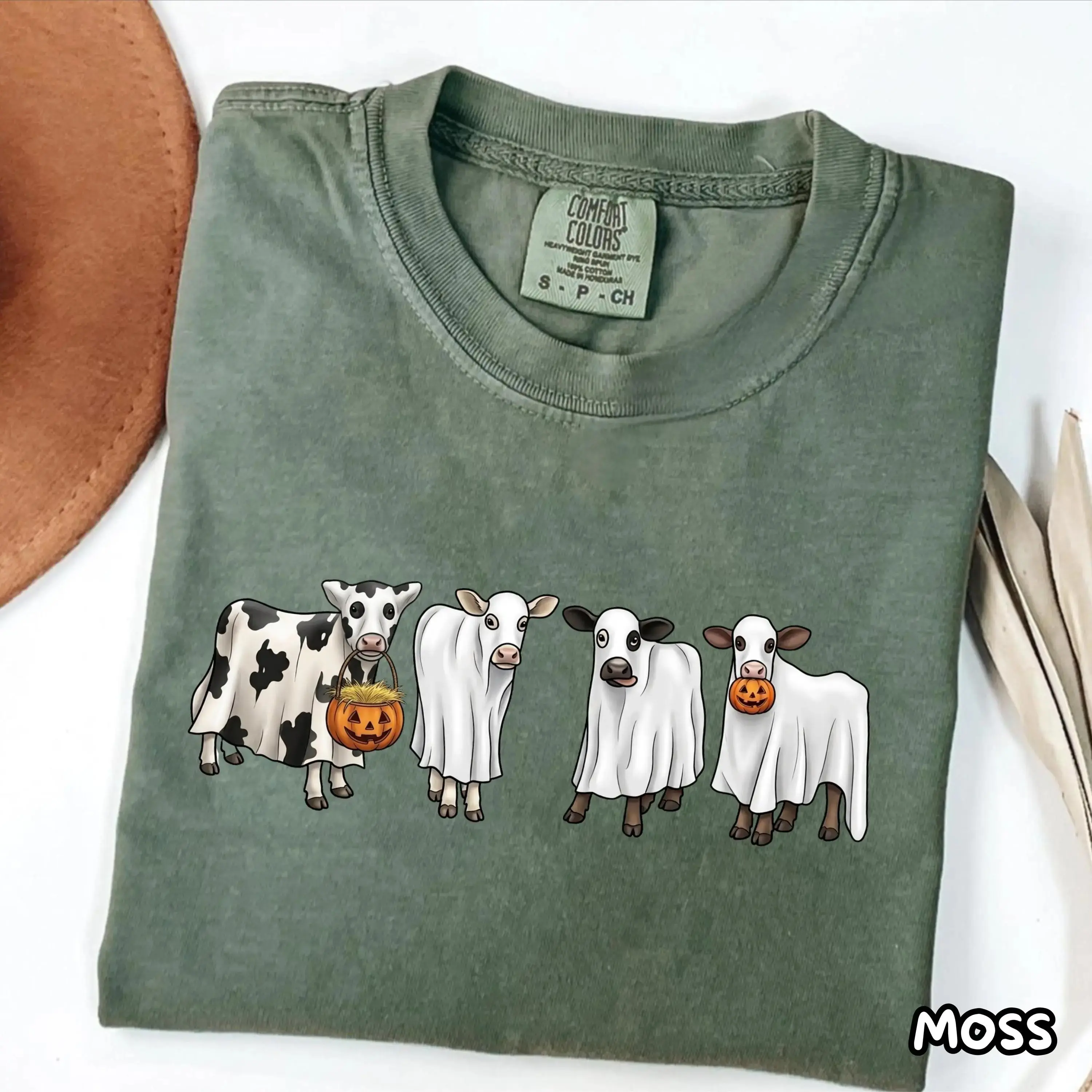 Ghost Cow Halloween Shirt, Funny Spooky Fall Season Graphic Tee for Women, Cute Gift Top