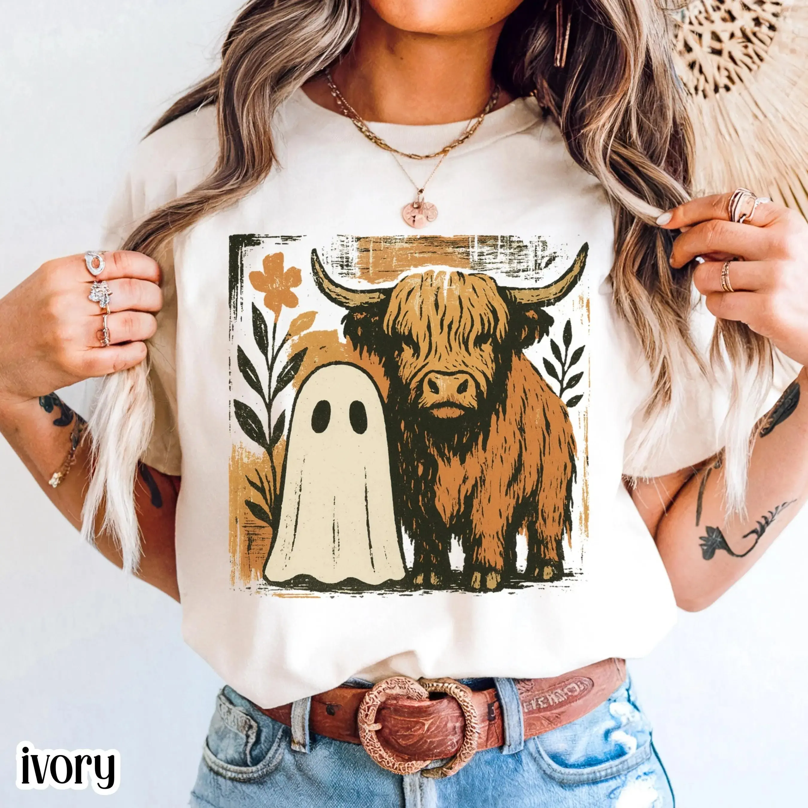 Ghost Cow Halloween Shirt for Women, Highland Cattle Comfort Colors Western Spooky Season Pumpkin Patch Fall Tee - photo 3