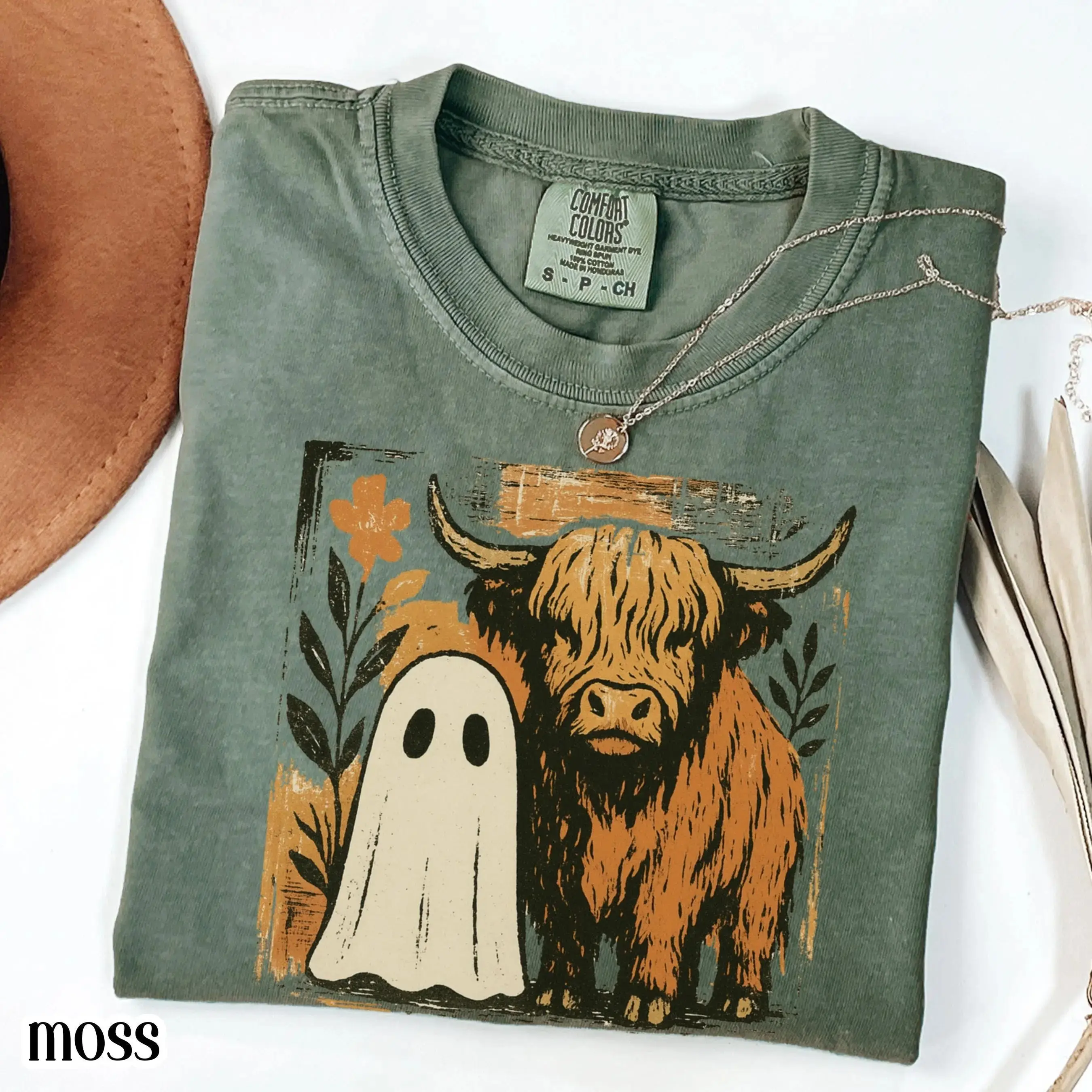 Ghost Cow Halloween Shirt for Women, Highland Cattle Comfort Colors Western Spooky Season Pumpkin Patch Fall Tee - photo 4