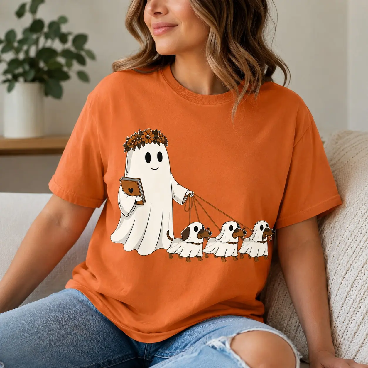 Ghost Dog Mom Halloween Comfort Colors Shirt, Cute Dachshund Graphic Tee, Spooky Wiener Lover Fall Bookish Gift - photo 3
